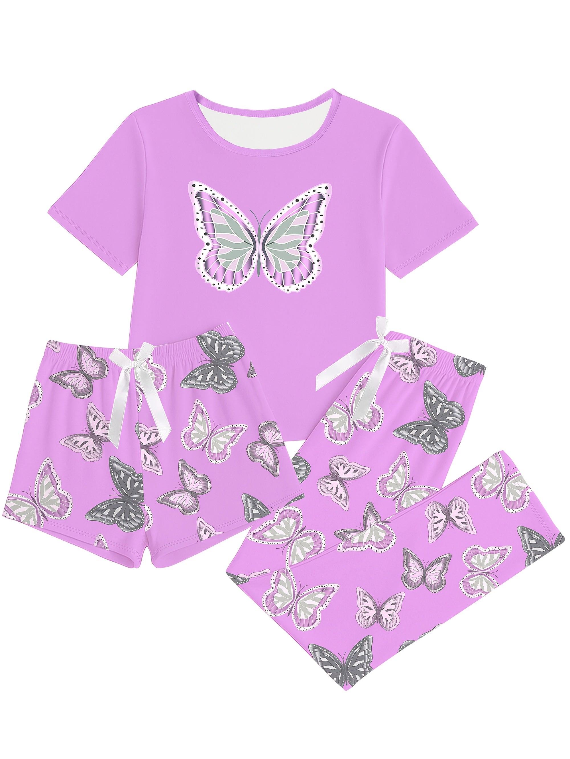 A Three-Piece Women'S Casual Pajama Set Featuring a Butterfly Theme Print, Made from Comfortable Fabric And a Loose Fit to Ensure You Enjoy Every Day. It Includes Beautifully Decorated Butterfly Patterns, Long Pants And Shorts with Elastic Waistbands, a