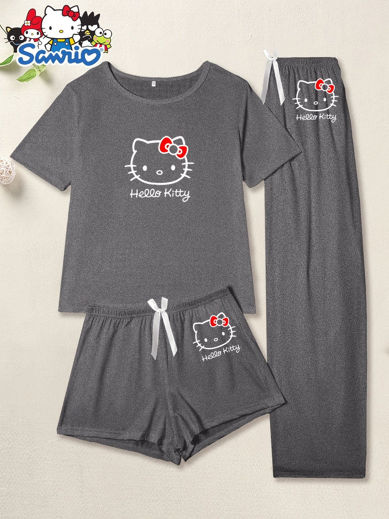Hello Kitty 3pcs Casual Cartoon Print Pajama Set - Round Neck Knit Polyester with Elastane - Spring/Summer Sleepwear with Bow Detail