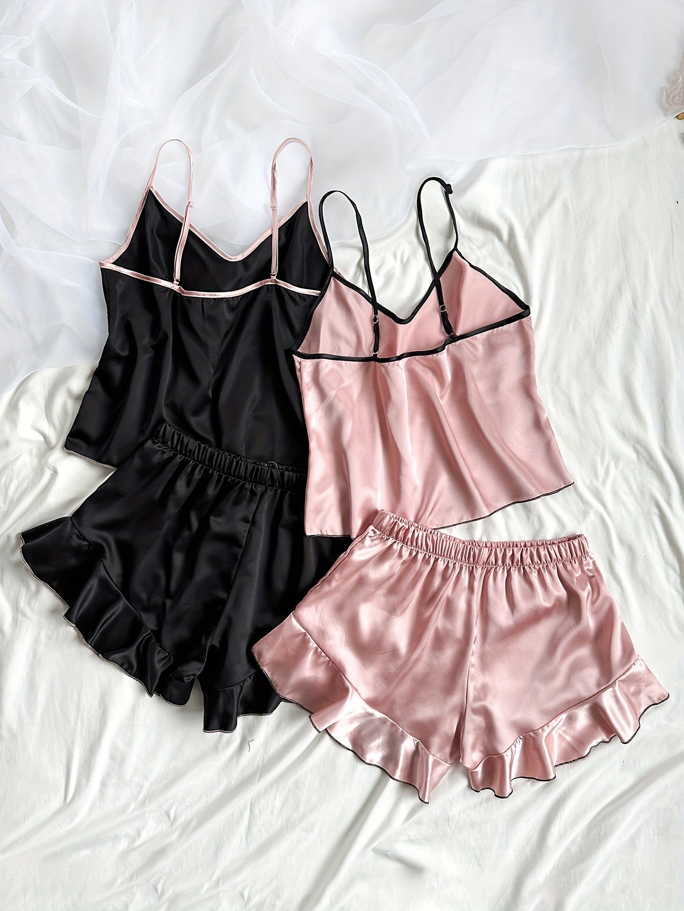 Women's Four Seasons Solid Color Cute Bow Design Suspender Shorts Pajama Set Four Pieces for Valentine's Day