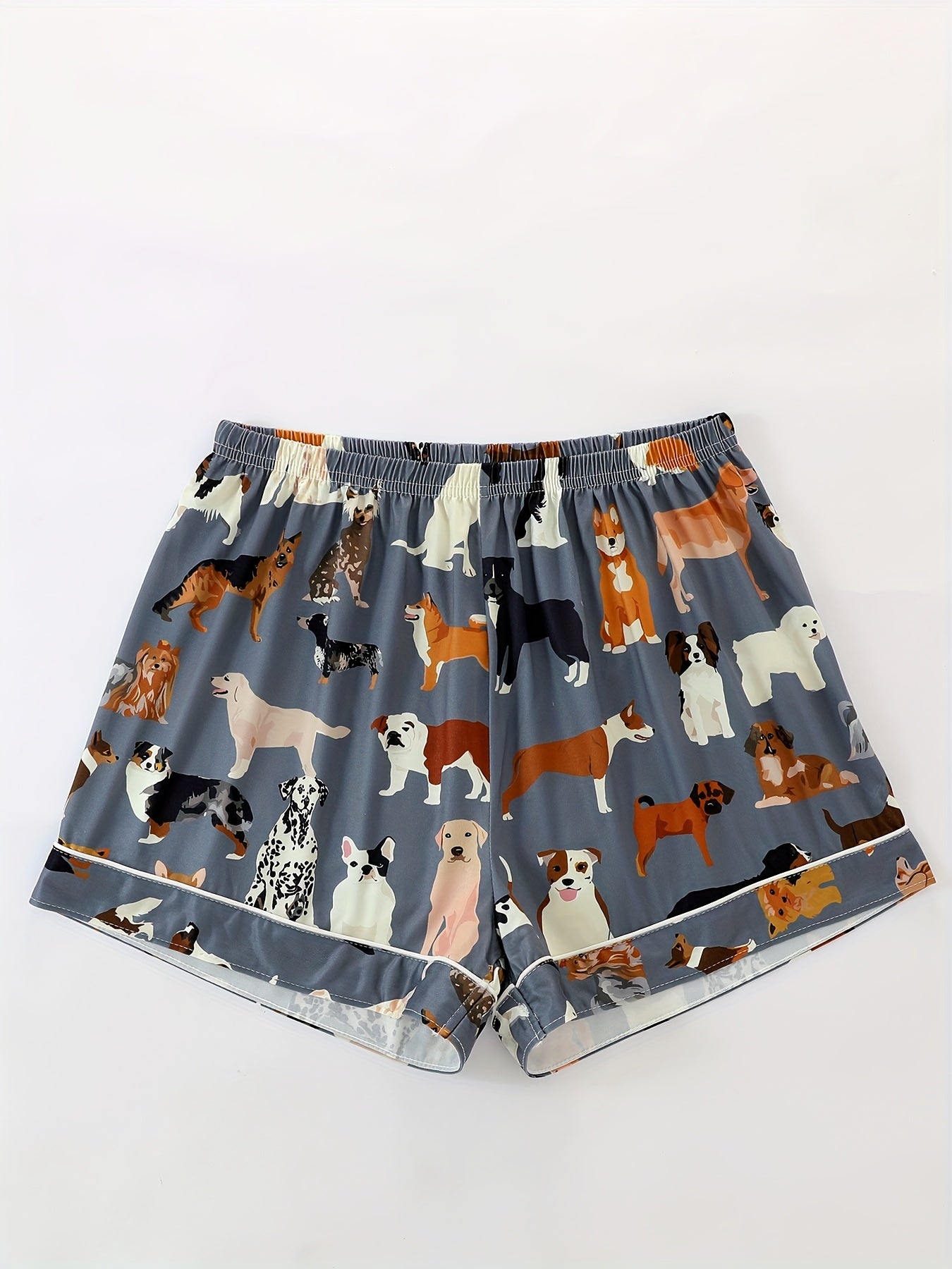 [Dog Print Pajama Set] Polyester Women's Pajama Set | Lapel Short Sleeve Open Front Shirt & Loose Elastic Shorts with Animal Dog Print | Cool Summer Wearable Outdoors, Casual Four-Season Sleepwear and Loungewear Suit