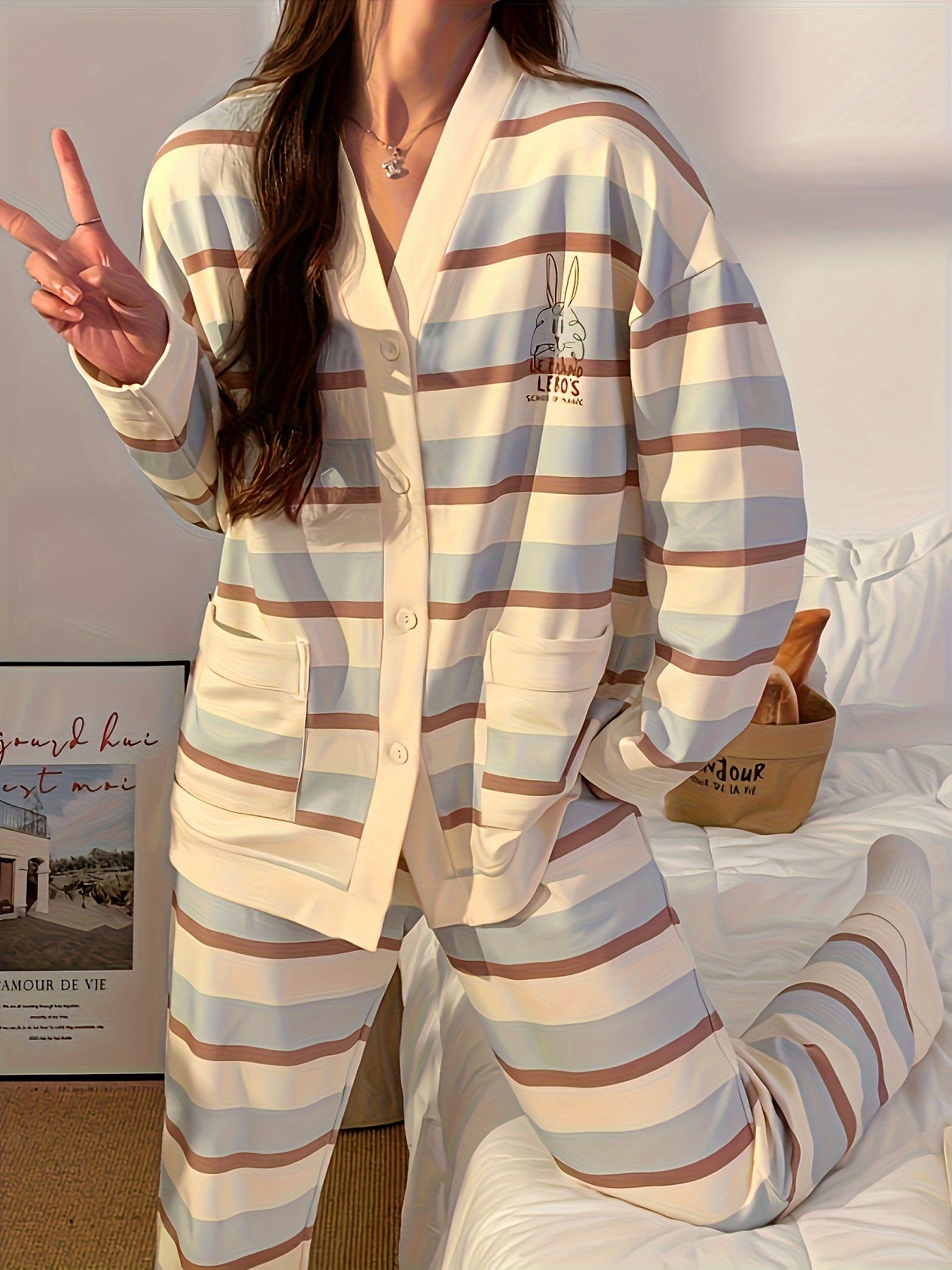 Cartoon Rabbit & Stripe Print Loose Fit Pajama Set, Long Sleeve Button Up V Neck Top & Elastic Pants, Women's Sleepwear & Loungewear