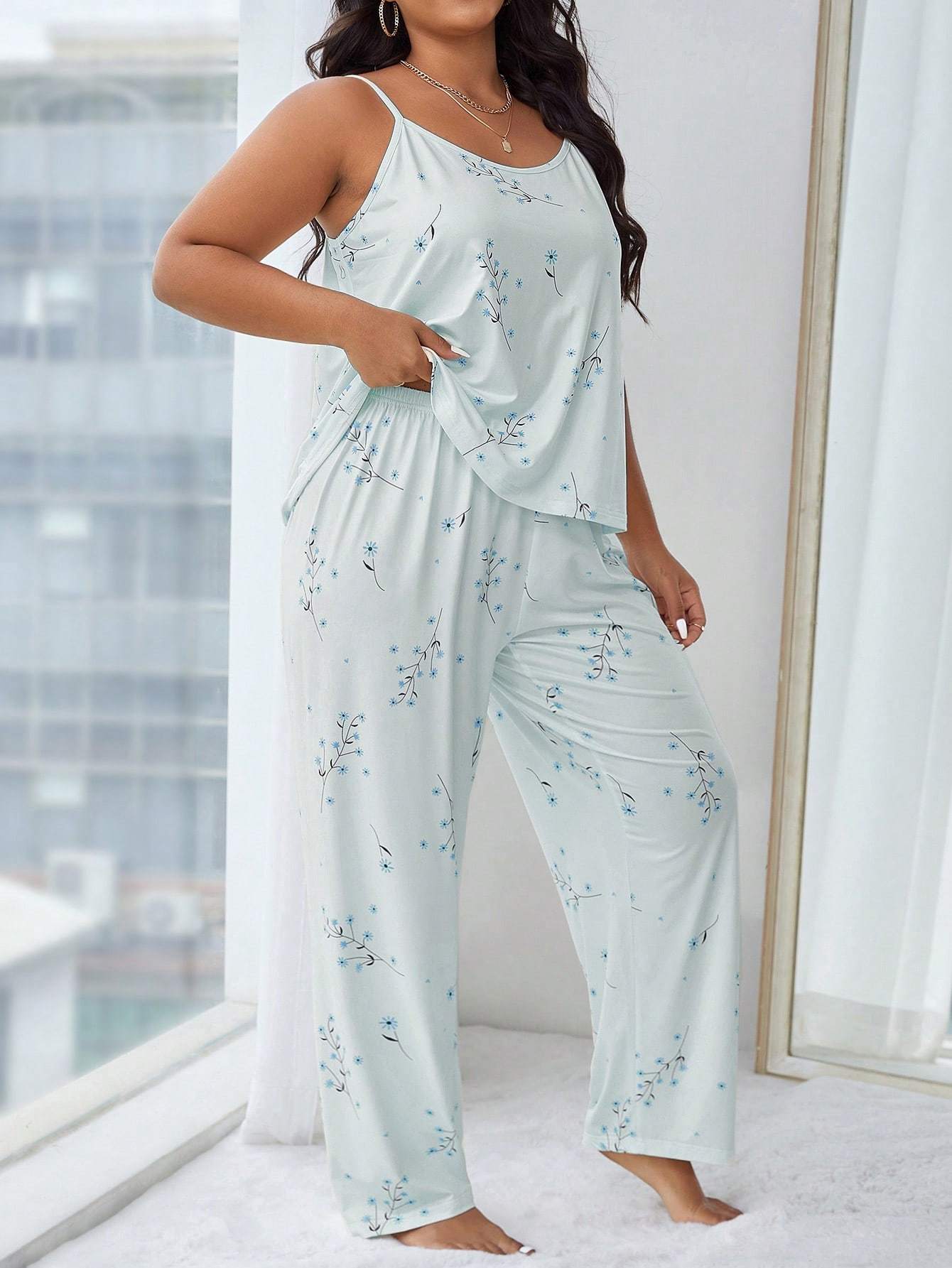 [Plus Size Pajama Set] Plus Size Women's Pajama Set | Casual Comfort Camisole & Wide-Leg Pants with Simple Print Pattern, Suitable for Summer