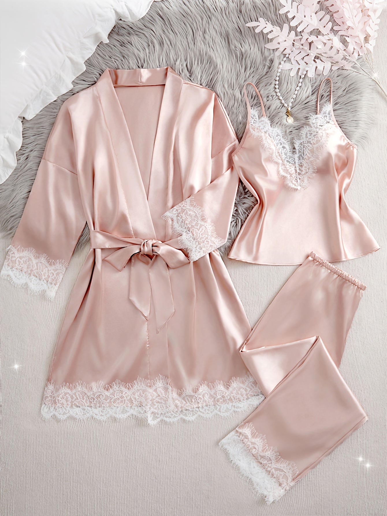 4pcs Solid Color Contrast Lace Pajama Set with Thin Straps, Camisole Top, Elastic Long Pants, Loose Robe with Belt, Women'S Comfortable Pajama and Casual Wear Set, All-Season, V-Neck, Long Sleeve, Long Length, Adult Size, Casual Wear Set|Vneck