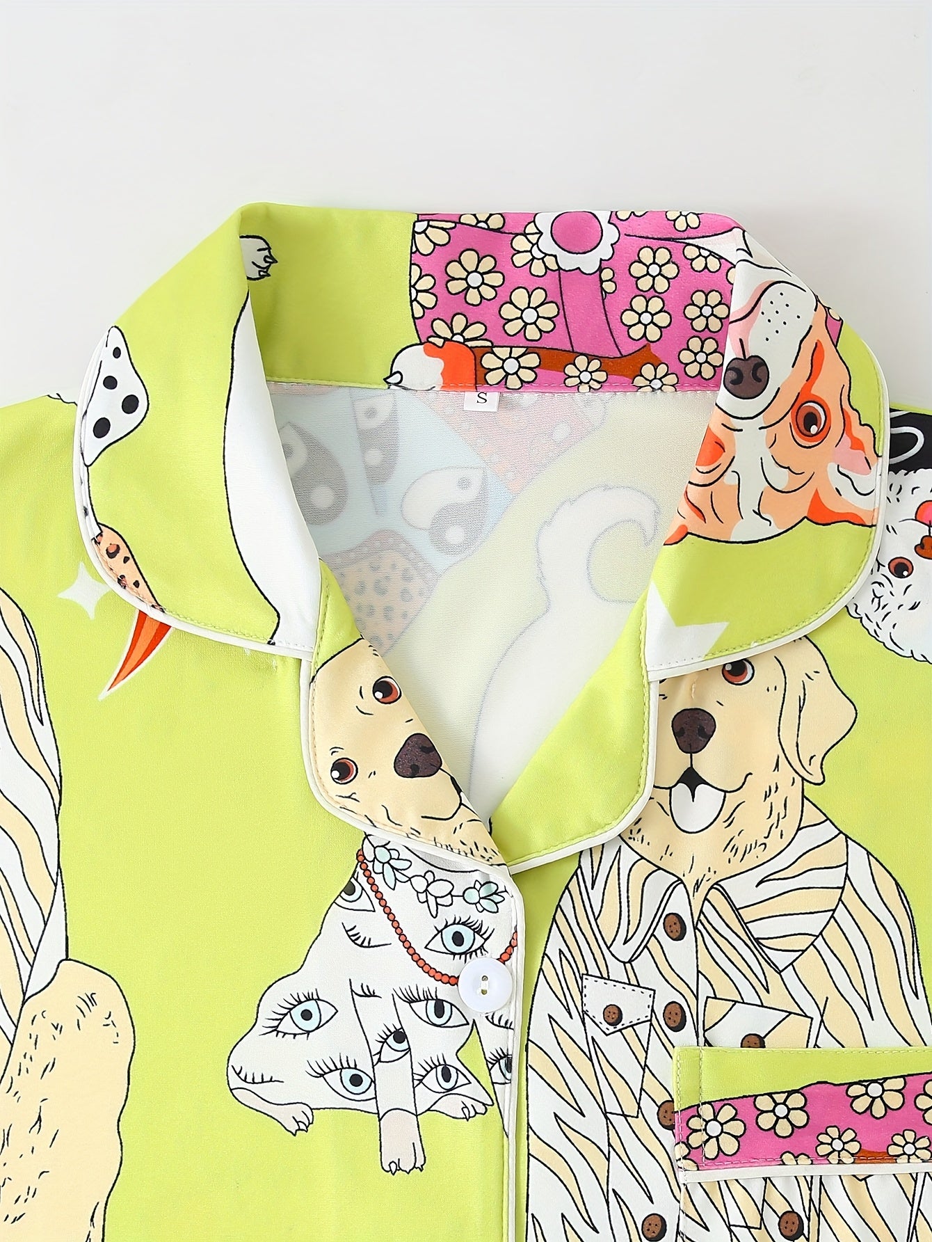 Cute Cartoon Dog Print Fashion Animal Long Sleeve Button-Up Collar Top And Pants, Casual And Comfortable Loose Fit, Perfect for Wearing at Home, Women's Two-Piece Pajama Set.
