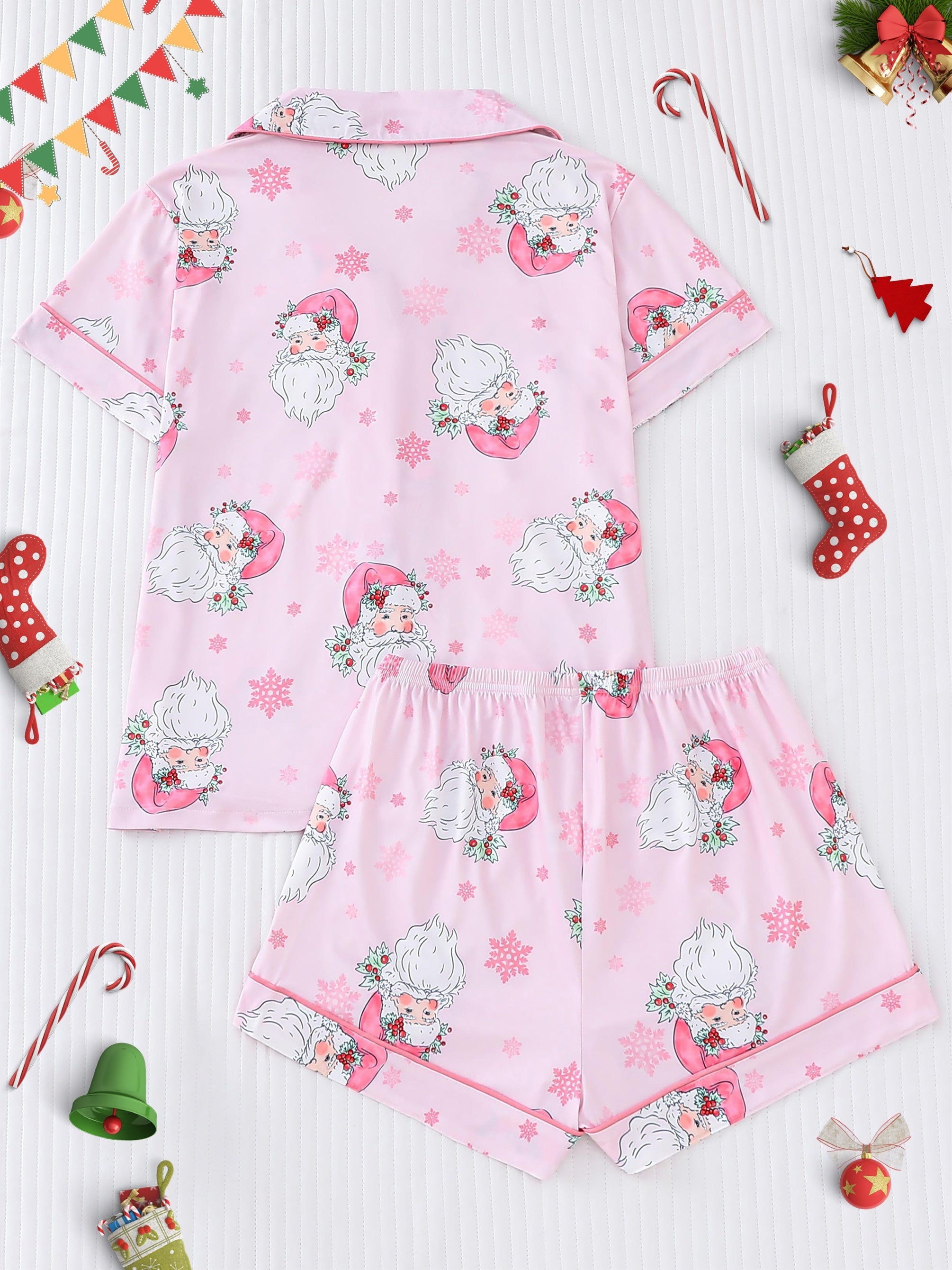 Women's Santa Print Pajama Set - Short Sleeve Buttons Lapel Top, Comfortable Relaxed Fit Shorts, Perfect for Christmas, Cute and Cozy Sleepwear