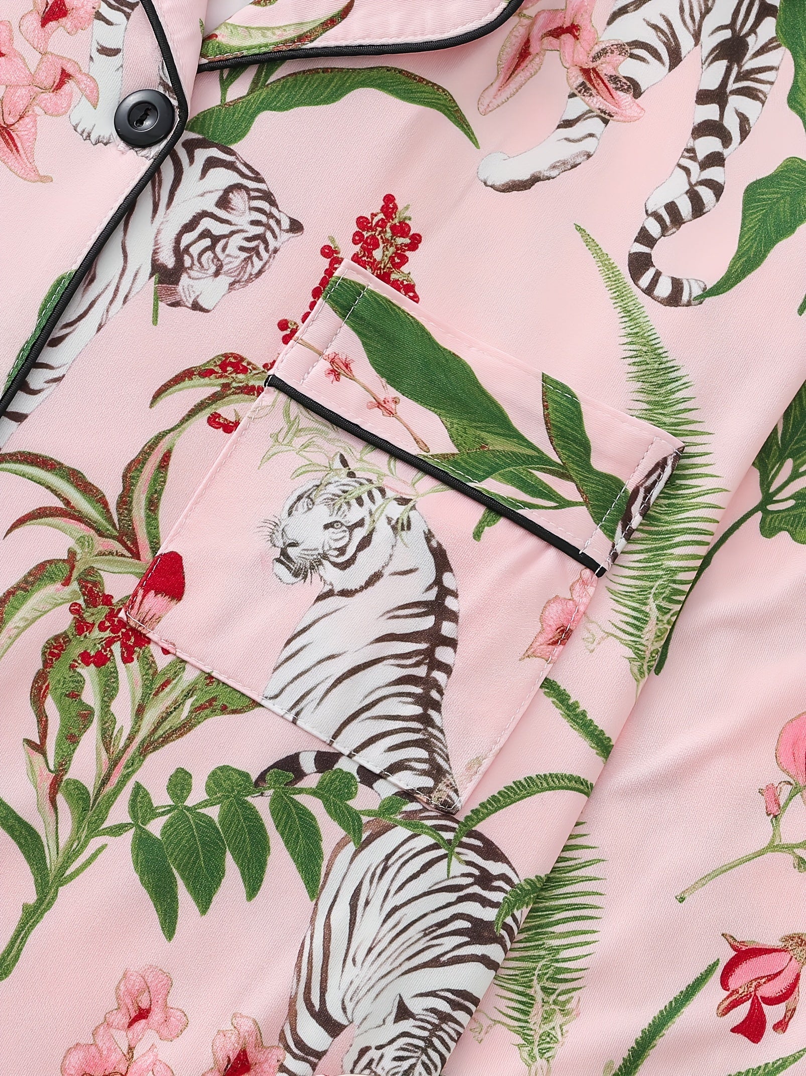 Women's Tiger & Plant Print Casual Pajama Set, Long Sleeve Buttons Lapel Top & Pants, Comfortable Relaxed Fit For Fall