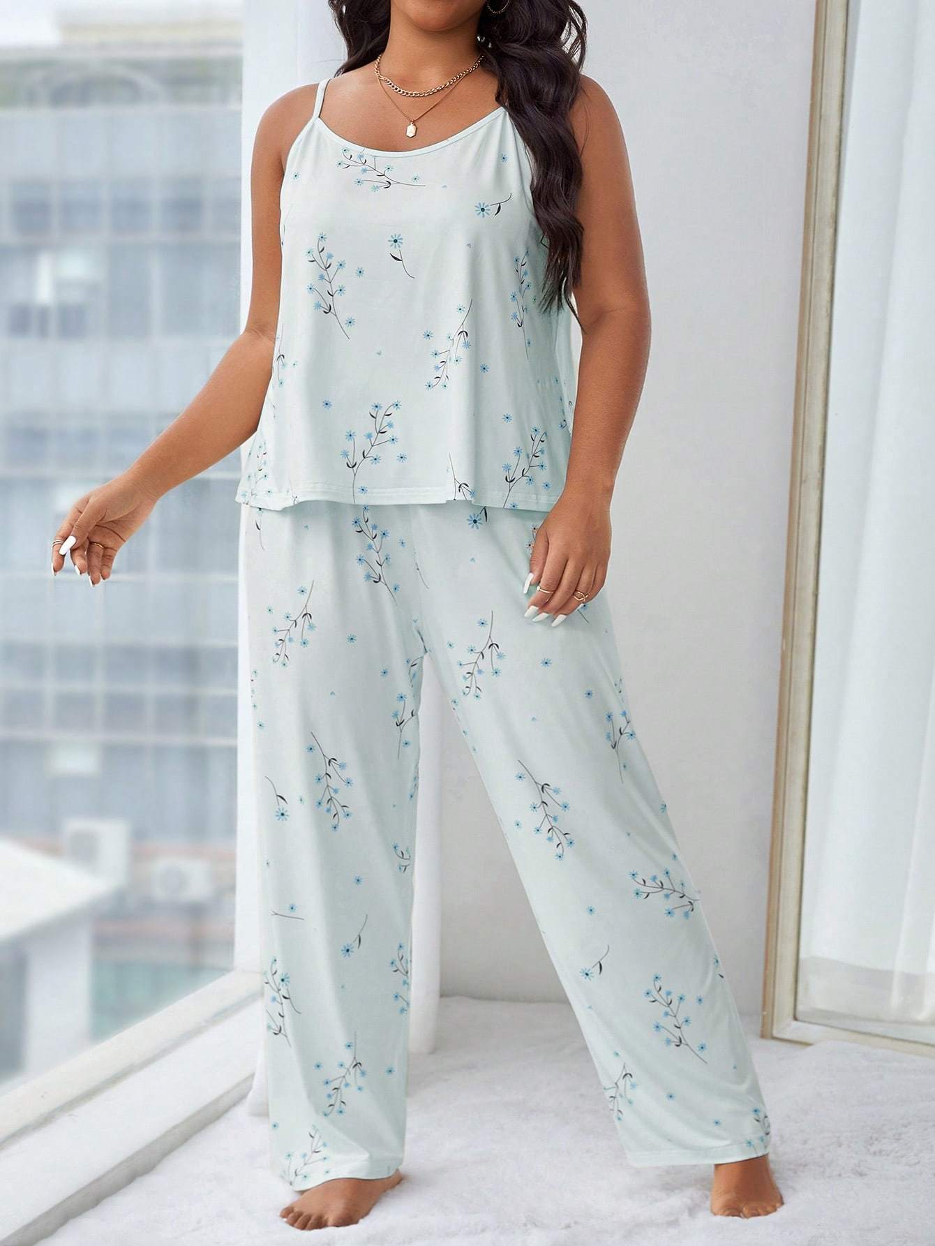 [Plus Size Pajama Set] Plus Size Women's Pajama Set | Casual Comfort Camisole & Wide-Leg Pants with Simple Print Pattern, Suitable for Summer