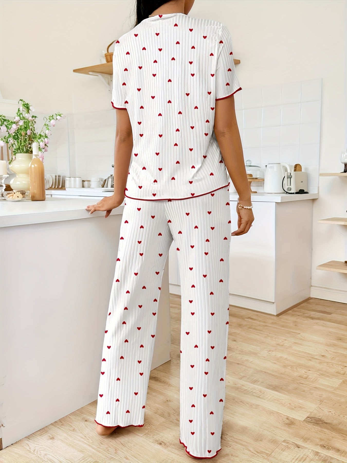 Valentine'S Day Heart Cherry Style Elegant Pajama Set - Soft V-Neck Lace-Trimmed Top, Casual Long Pants, Machine Washable, Heart-Themed Women'S Comfortable Sleepwear.