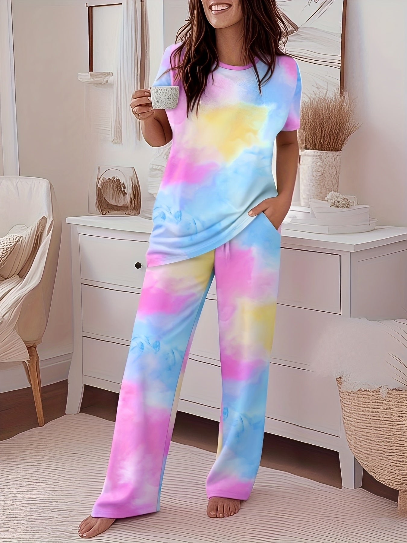 2pcs Printed Round Neck Short Sleeve Set, Gradient Printed Loose Pants, Women's Summer Pajama Set, Breathable Pure Home Clothing Two-piece Set.