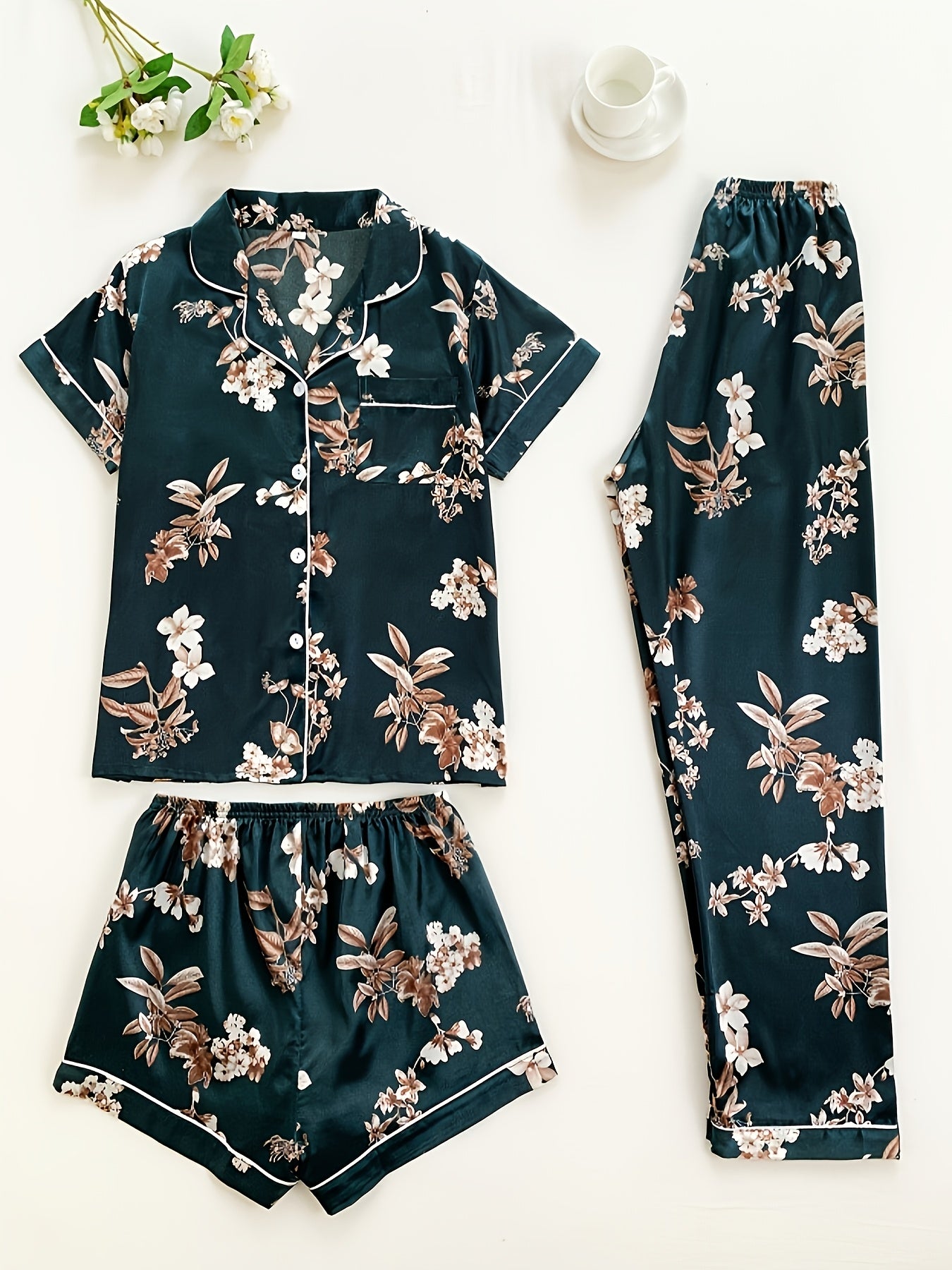 [Classical Floral Pajamas] 3pcs Set Satin Classical Floral Pajamas | Women's Short Sleeve Stand Up Collar Top, Shorts & Long Pants - Home Wear Three Piece Set