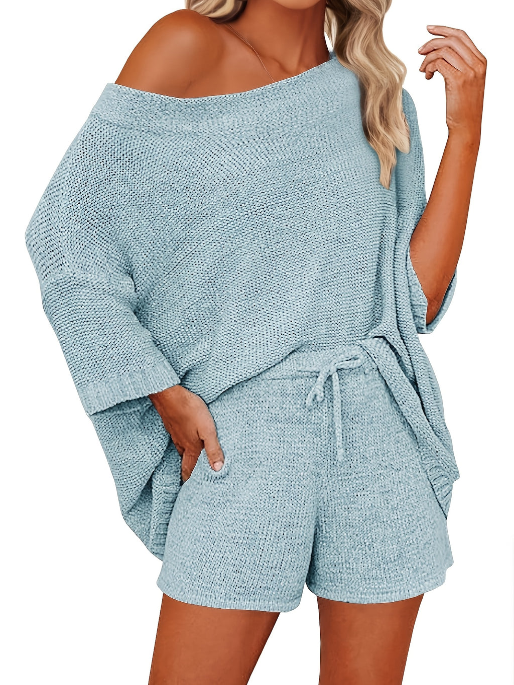 Women'S 2pcs Outfits Sweater Sets Off Shoulder Knit Top Shorts Matching Suits Cute Pajama Lounge Set