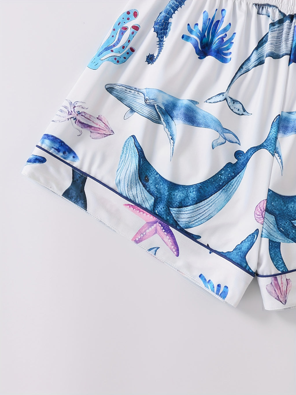 [Playful Pajama Set] Elegant Women's Ankle-High Pajama Set | Ocean and Whale Print, Comfortable Shorts, All-Season Pocket Detail, Playful Design, Pocketed Set