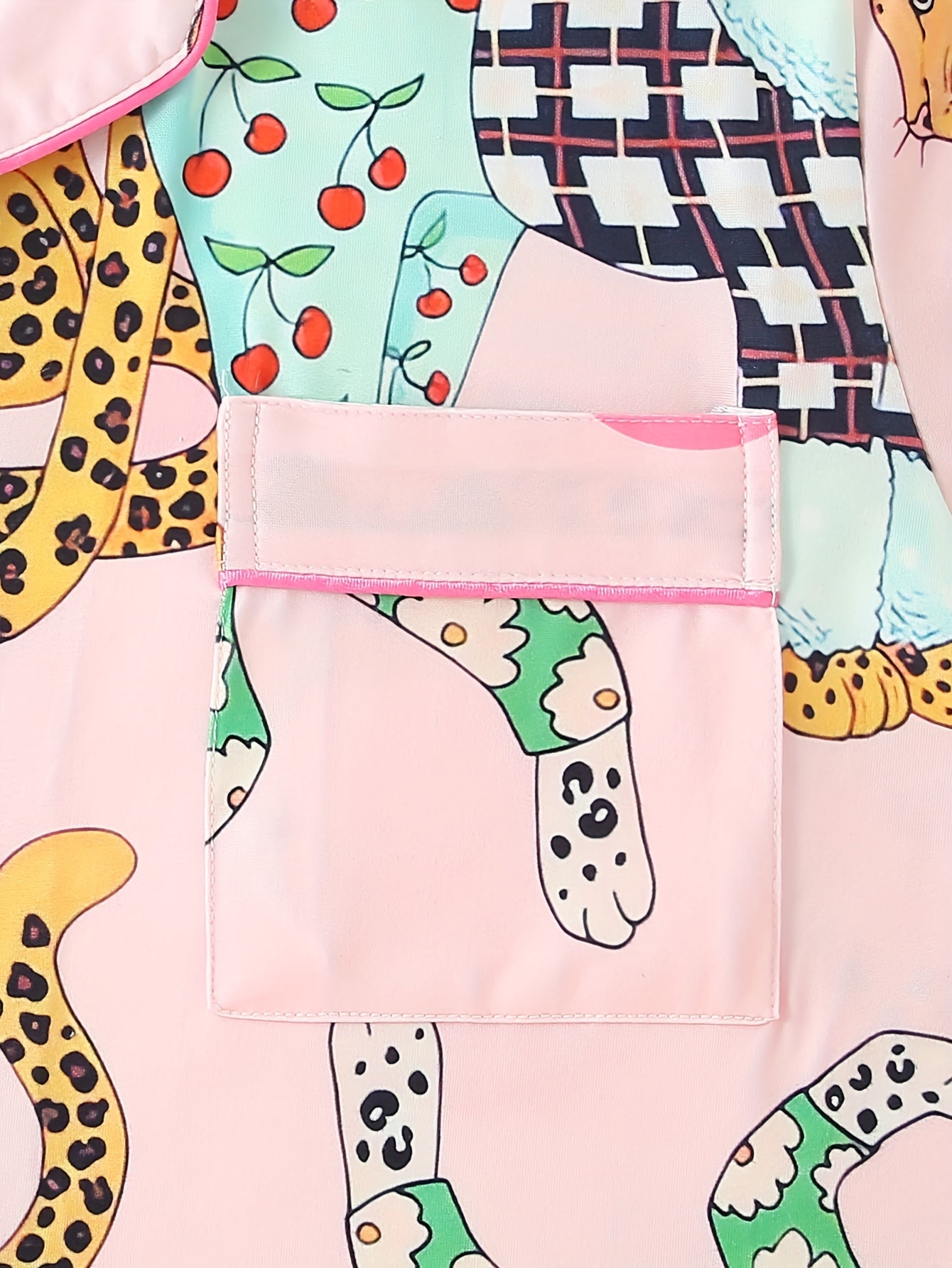 Women's Colorful Leopard and Cartoon Print Pajama Set - Long Sleeve Button-Up Collared Top and Pants, Casual Comfortable Loose Fit, All-Season Cozy Loungewear, Ladies Pajama Sets