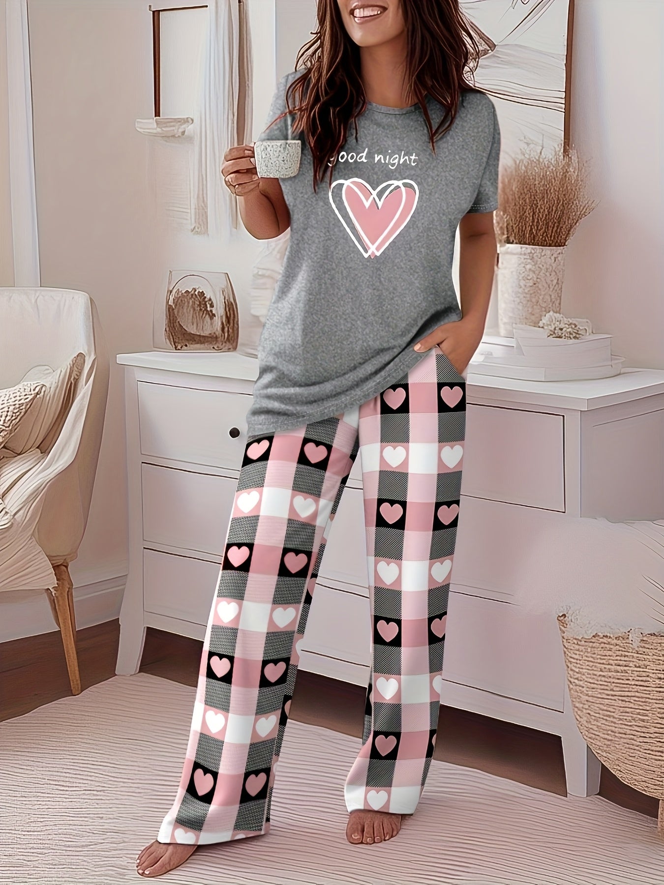 2pcs Printed Round Neck Short Sleeve Set, Gradient Printed Loose Pants, Women's Summer Pajama Set, Breathable Pure Home Clothing Two-piece Set.