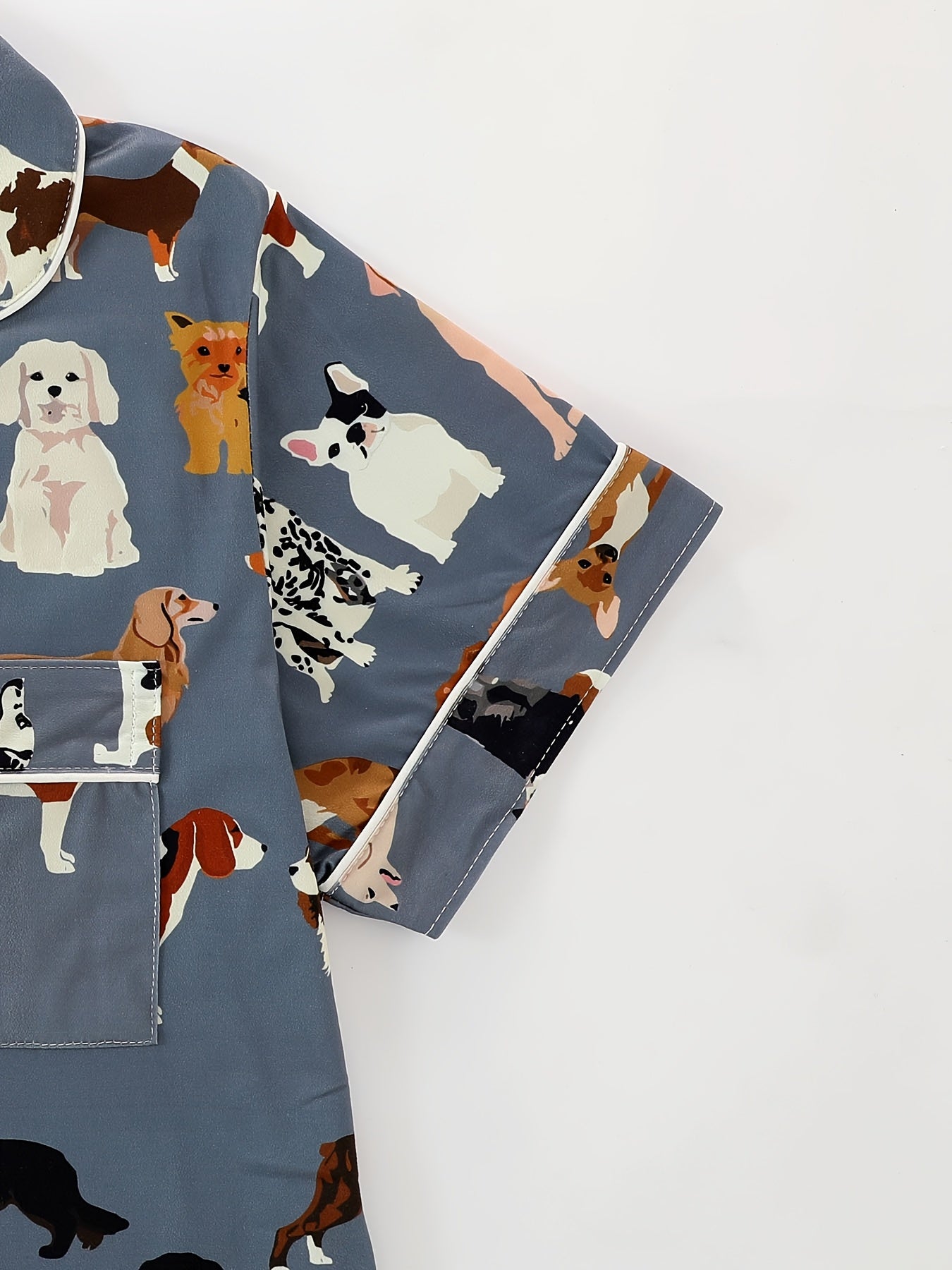 [Dog Print Pajama Set] Polyester Women's Pajama Set | Lapel Short Sleeve Open Front Shirt & Loose Elastic Shorts with Animal Dog Print | Cool Summer Wearable Outdoors, Casual Four-Season Sleepwear and Loungewear Suit