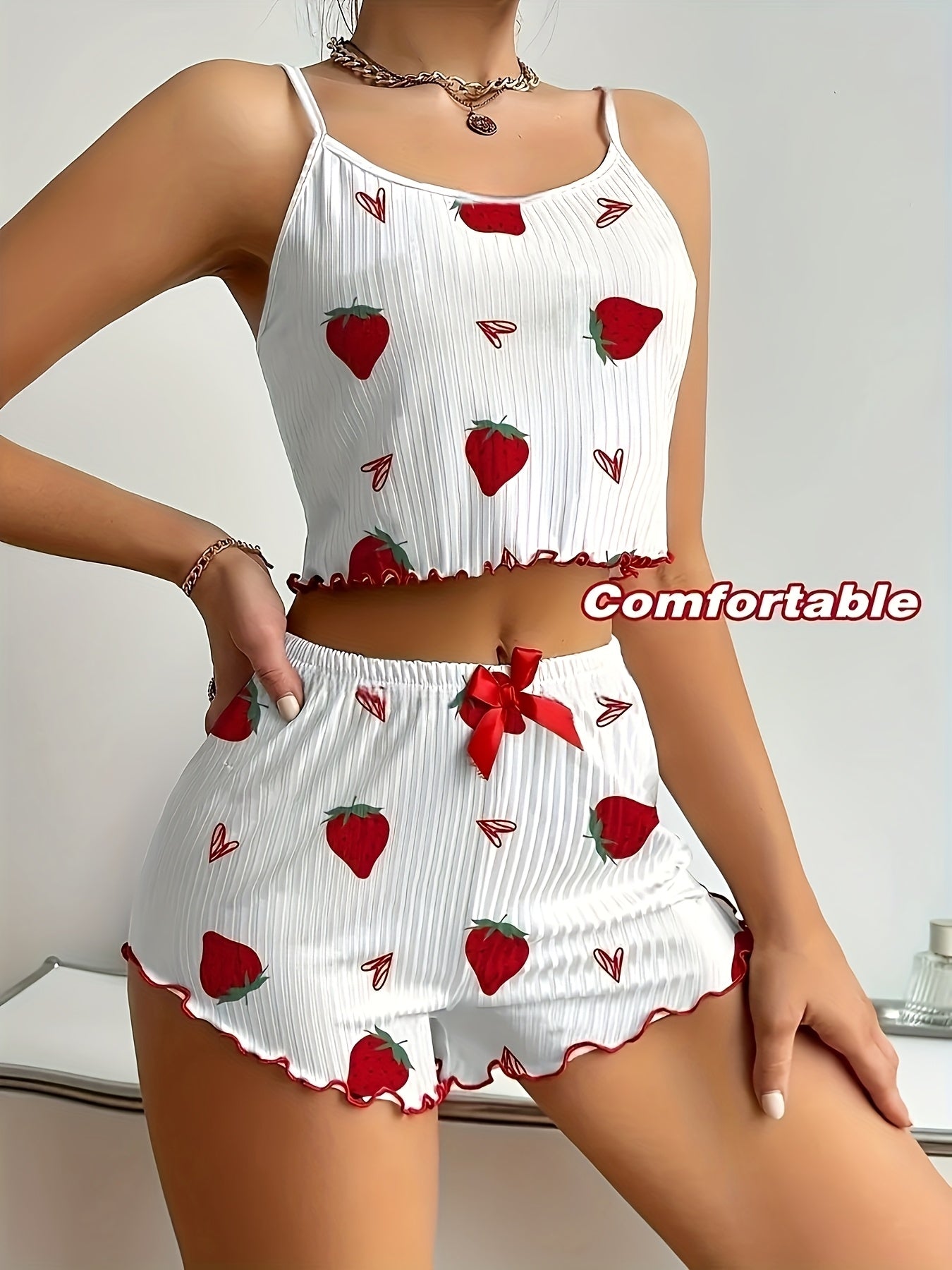 Women'S Strawberry Print Sexy Lace Trim Pajama Set with Round Neck, Thin Strap Top and Bow Accessory Shorts, Comfortable Loose Fit Summer Sleepwea