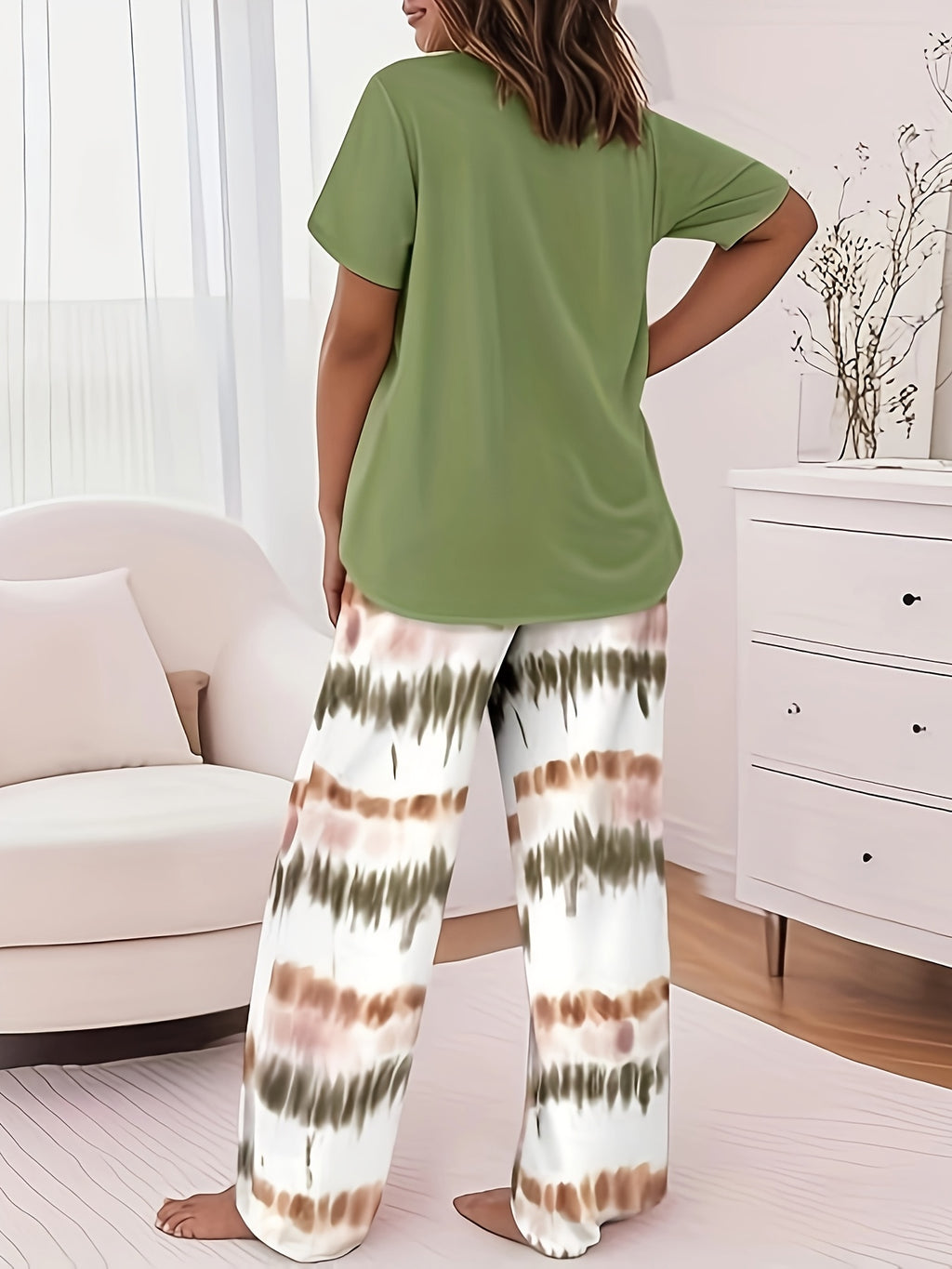 Women'S 2pcs Pajama Set, Comfortable Loungewear Home Outfit, Relaxed Round Neck Short Sleeve Top and Elastic Waistband Long Pants Pajama Set, Elegant Holiday Women'S Clothing, Perfect Gift Choice