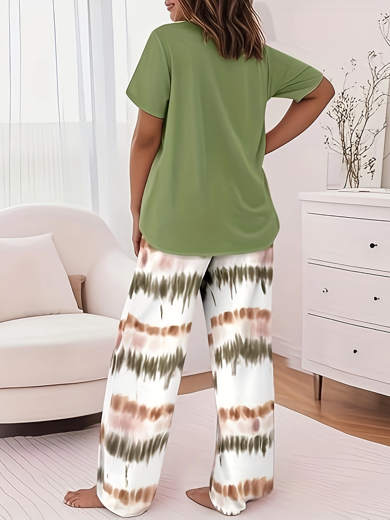 Women'S 2pcs Pajama Set, Comfortable Loungewear Home Outfit, Relaxed Round Neck Short Sleeve Top and Elastic Waistband Long Pants Pajama Set, Elegant Holiday Women'S Clothing, Perfect Gift Choice