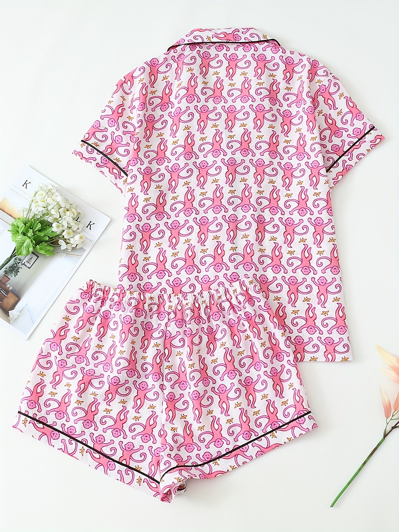 Two-piece spring/summer Women's monkey banana print button-up short-sleeve pocket top and bow shorts pajama set