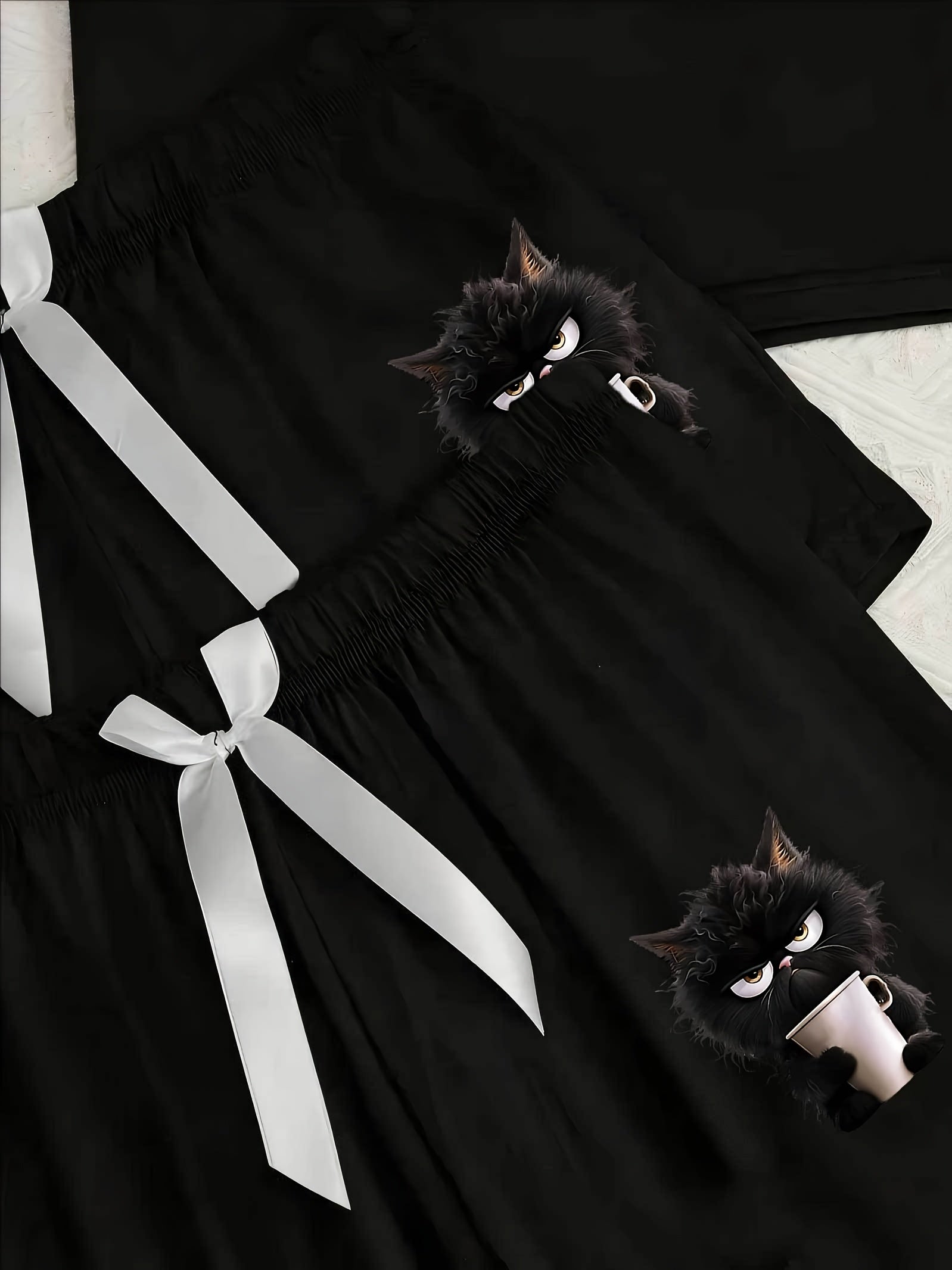 [Cat Print Pajama Set] Women's Casual Black Cat Print Pajama Set with Bow Detail | Short Sleeve, Trousers, and Long Pants, Polyester Blend, All-Season Comfort, Cat Lover Gifts