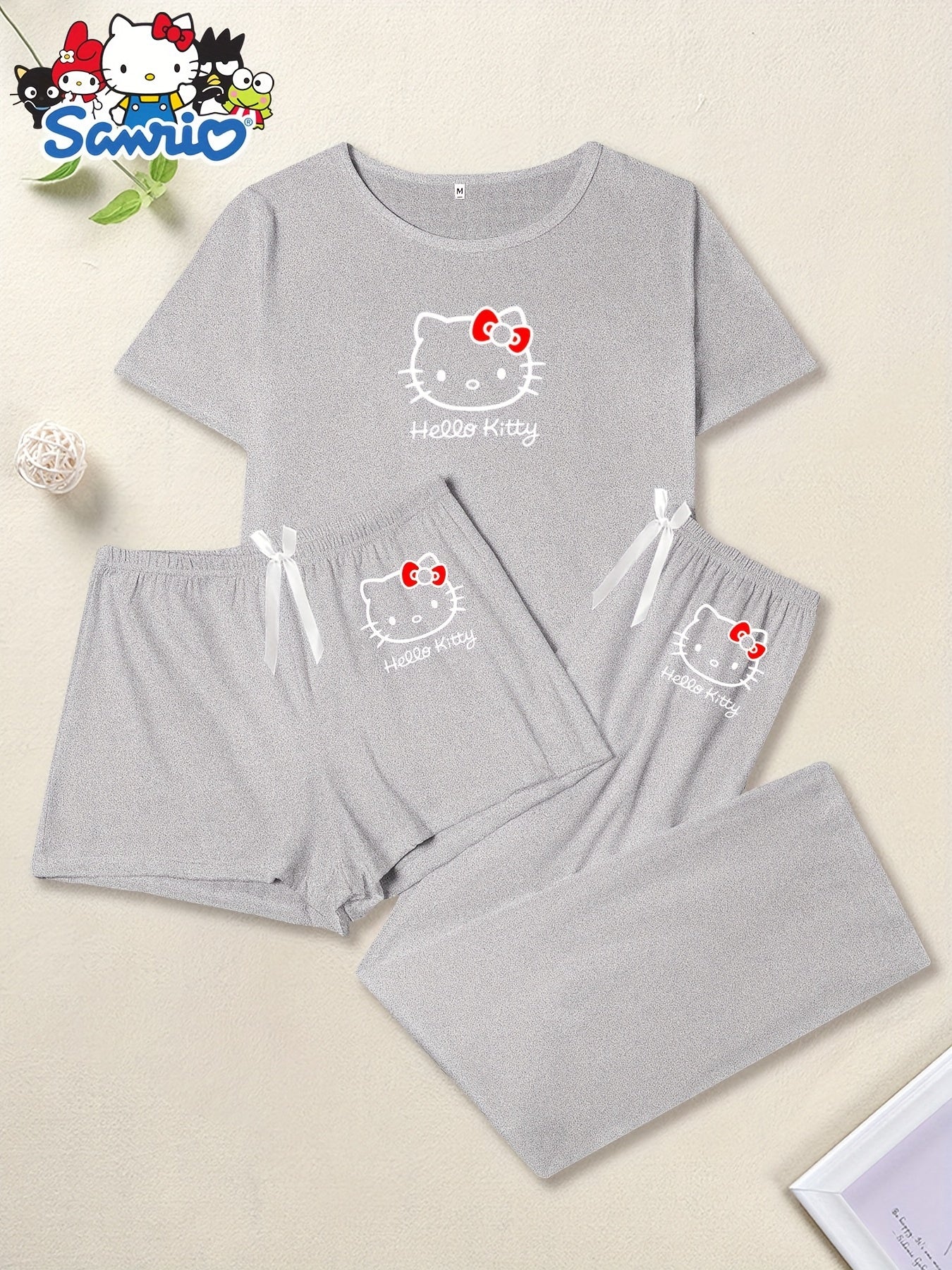 Hello Kitty 3pcs Casual Cartoon Print Pajama Set - Round Neck Knit Polyester with Elastane - Spring/Summer Sleepwear with Bow Detail