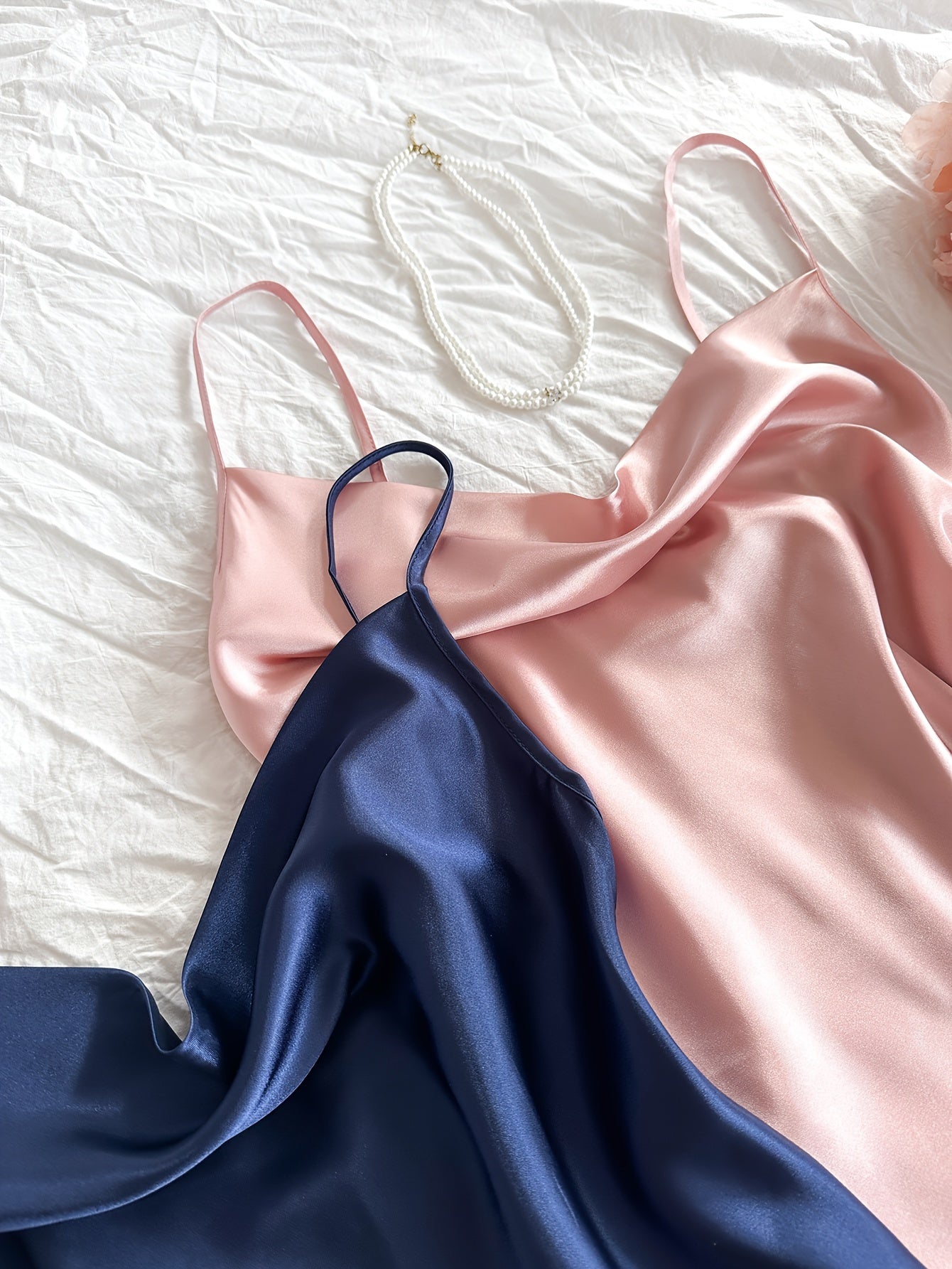 2 Sets Women's Sexy Solid Satin Pajama Set, Cowl Neck Backless Cami Top & Pants, Comfortable Relaxed Fit