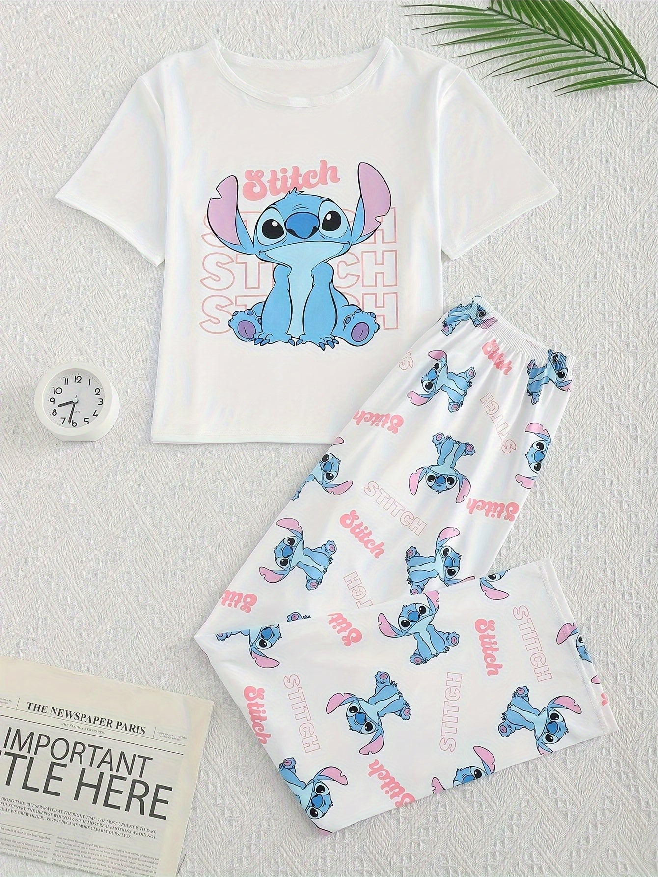 Stitch Women'S 3pcs Pajama Set - Casual Crew Neck Short Sleeve Top, Shorts & Pants with Cute Stitch Print, Soft Polyester Fabric, Perfect for Spring/Summer Loungewear, Loungewear|Playful Design|Soft Fabric