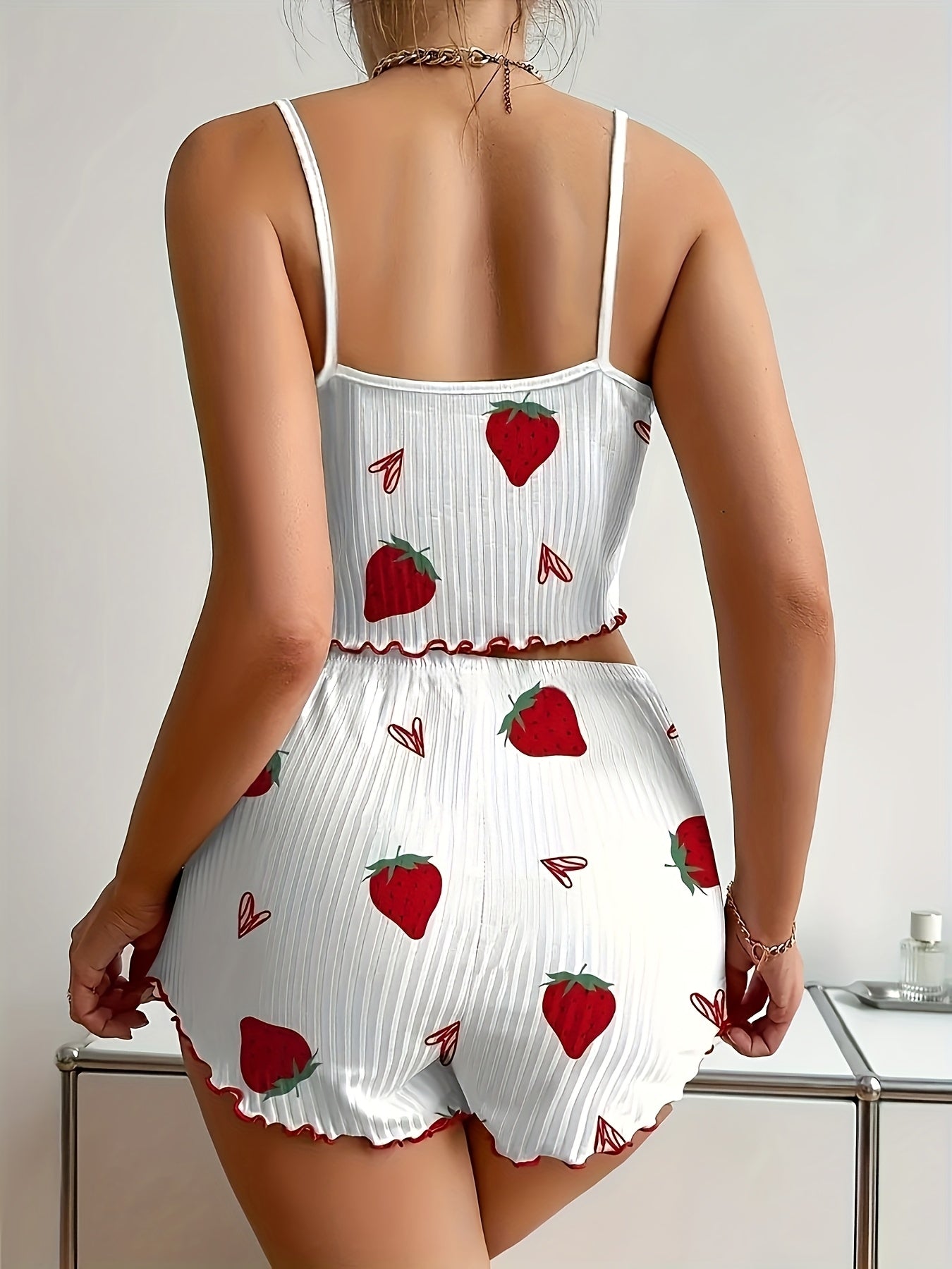 Women'S Strawberry Print Sexy Lace Trim Pajama Set with Round Neck, Thin Strap Top and Bow Accessory Shorts, Comfortable Loose Fit Summer Sleepwea