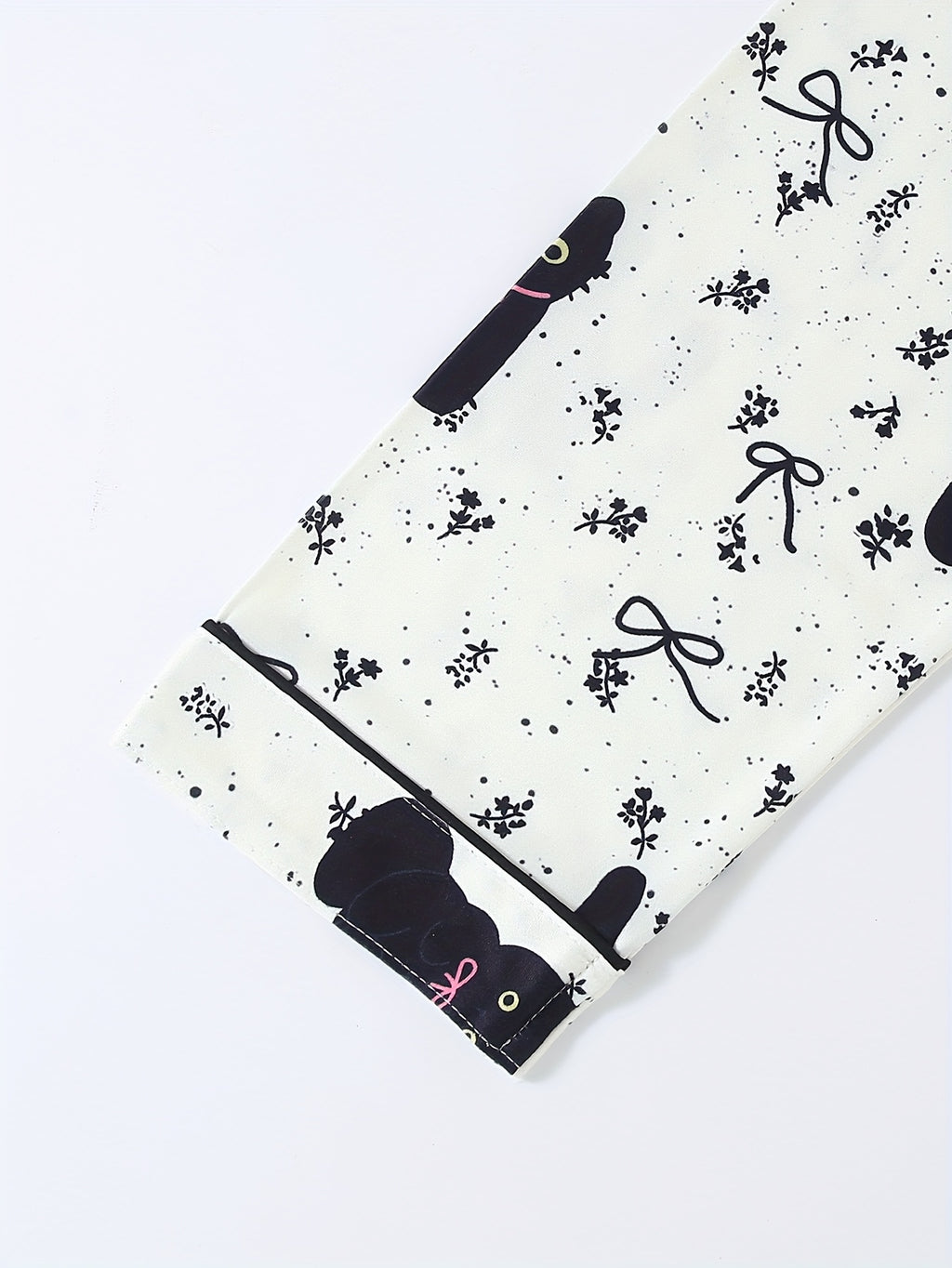 Black Cat Pattern Pajama Set, Top with Pants, Cute Cartoon, Collared with Buttons Loose Comfortable for Home Wear