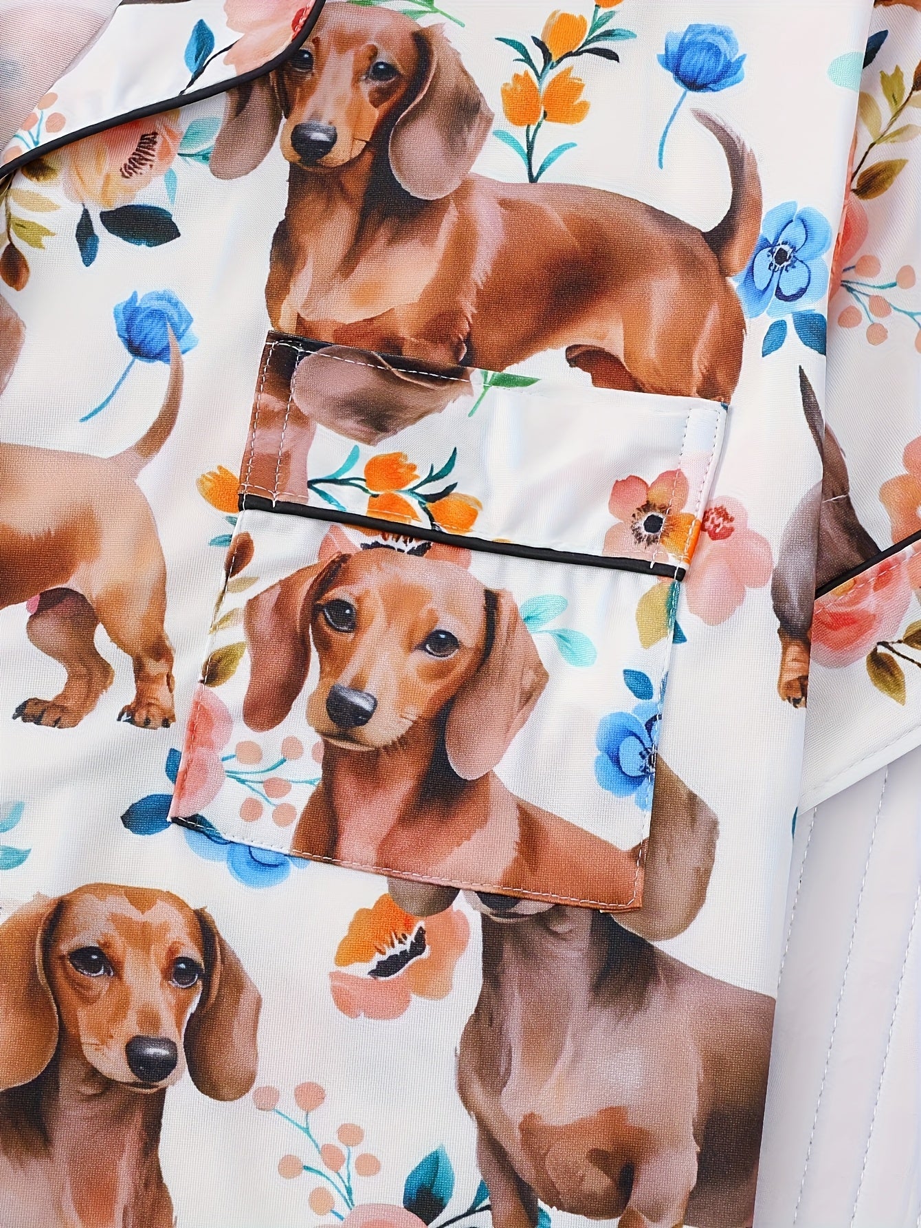 [Cute Pajamas] Comfortable Charming Dachshund Print Women's Pajama Set | Short Sleeve, Button-Up Shirt with Collar & Loose Elastic Shorts - Casual Home Wear