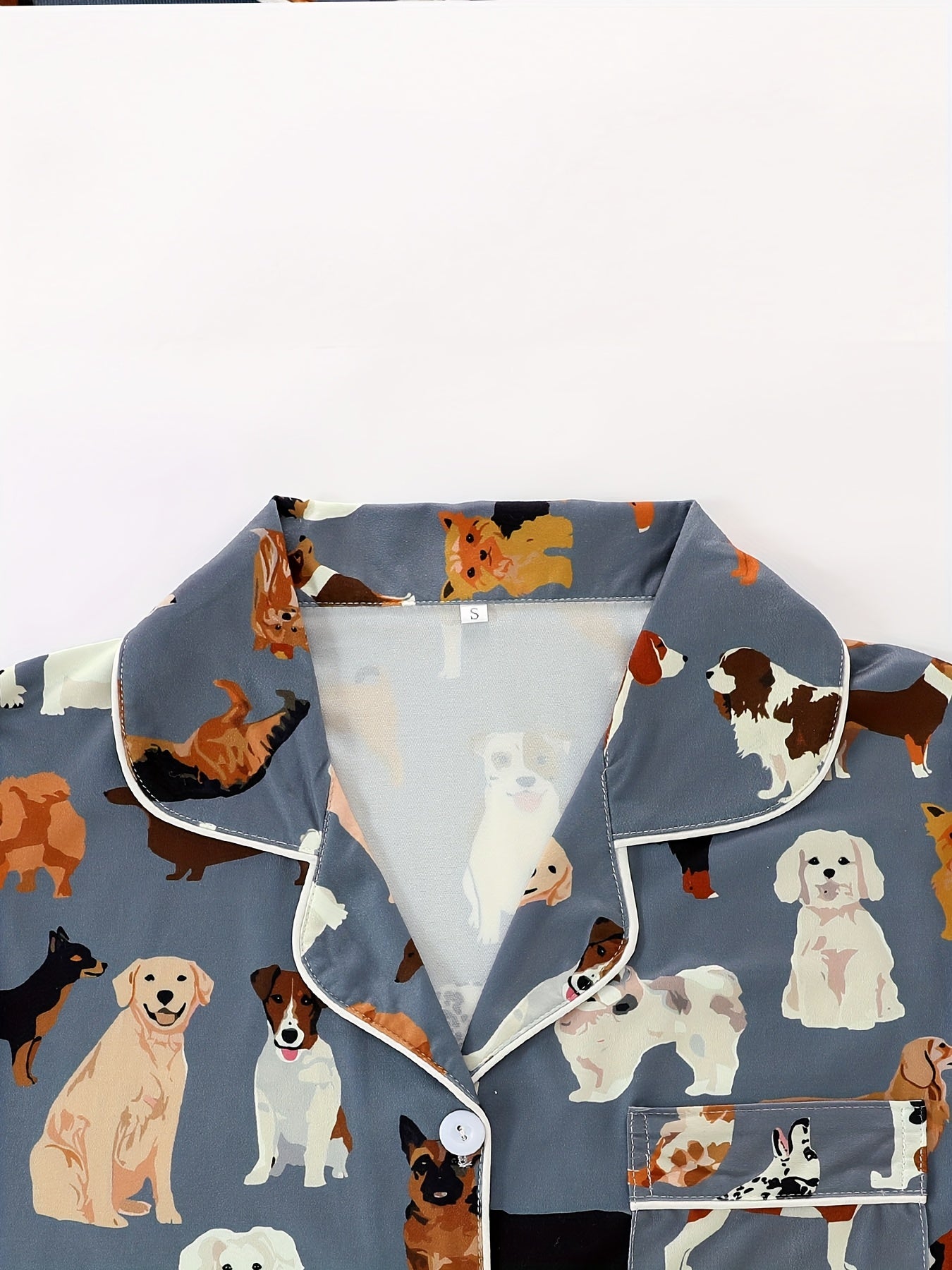 [Dog Print Pajama Set] Polyester Women's Pajama Set | Lapel Short Sleeve Open Front Shirt & Loose Elastic Shorts with Animal Dog Print | Cool Summer Wearable Outdoors, Casual Four-Season Sleepwear and Loungewear Suit
