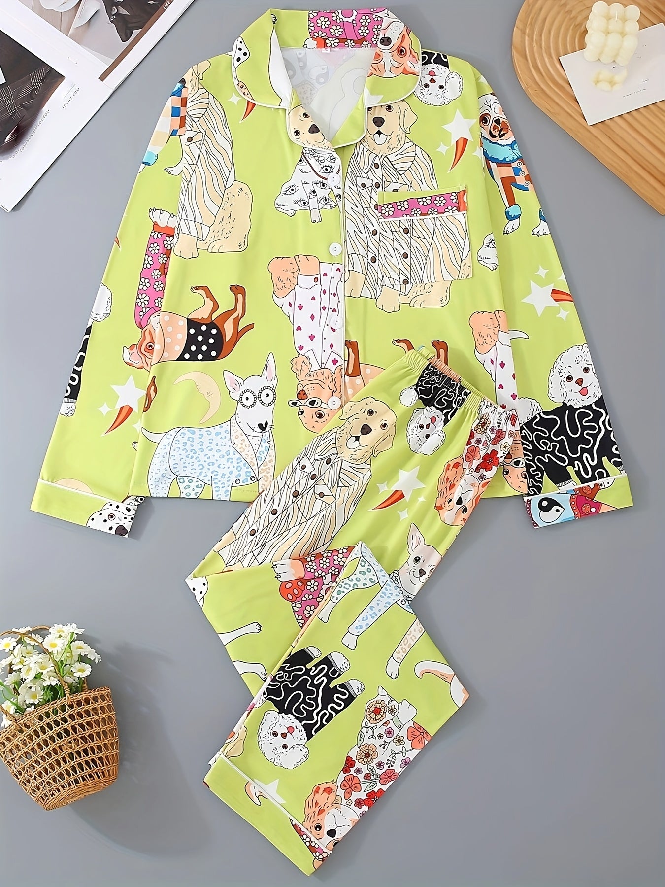 Cute Cartoon Dog Print Fashion Animal Long Sleeve Button-Up Collar Top And Pants, Casual And Comfortable Loose Fit, Perfect for Wearing at Home, Women's Two-Piece Pajama Set.