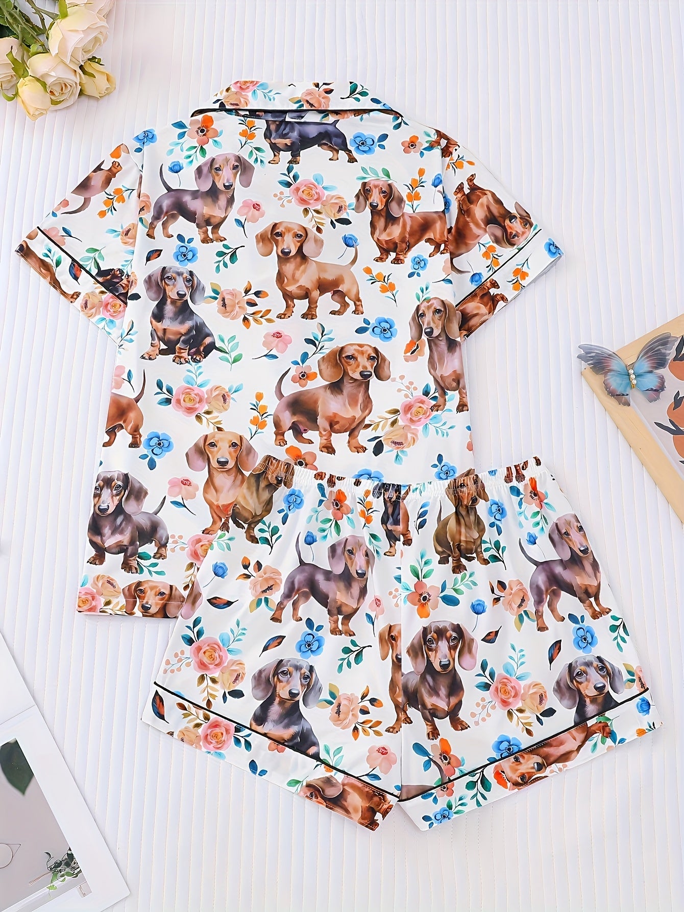 [Cute Pajamas] Comfortable Charming Dachshund Print Women's Pajama Set | Short Sleeve, Button-Up Shirt with Collar & Loose Elastic Shorts - Casual Home Wear