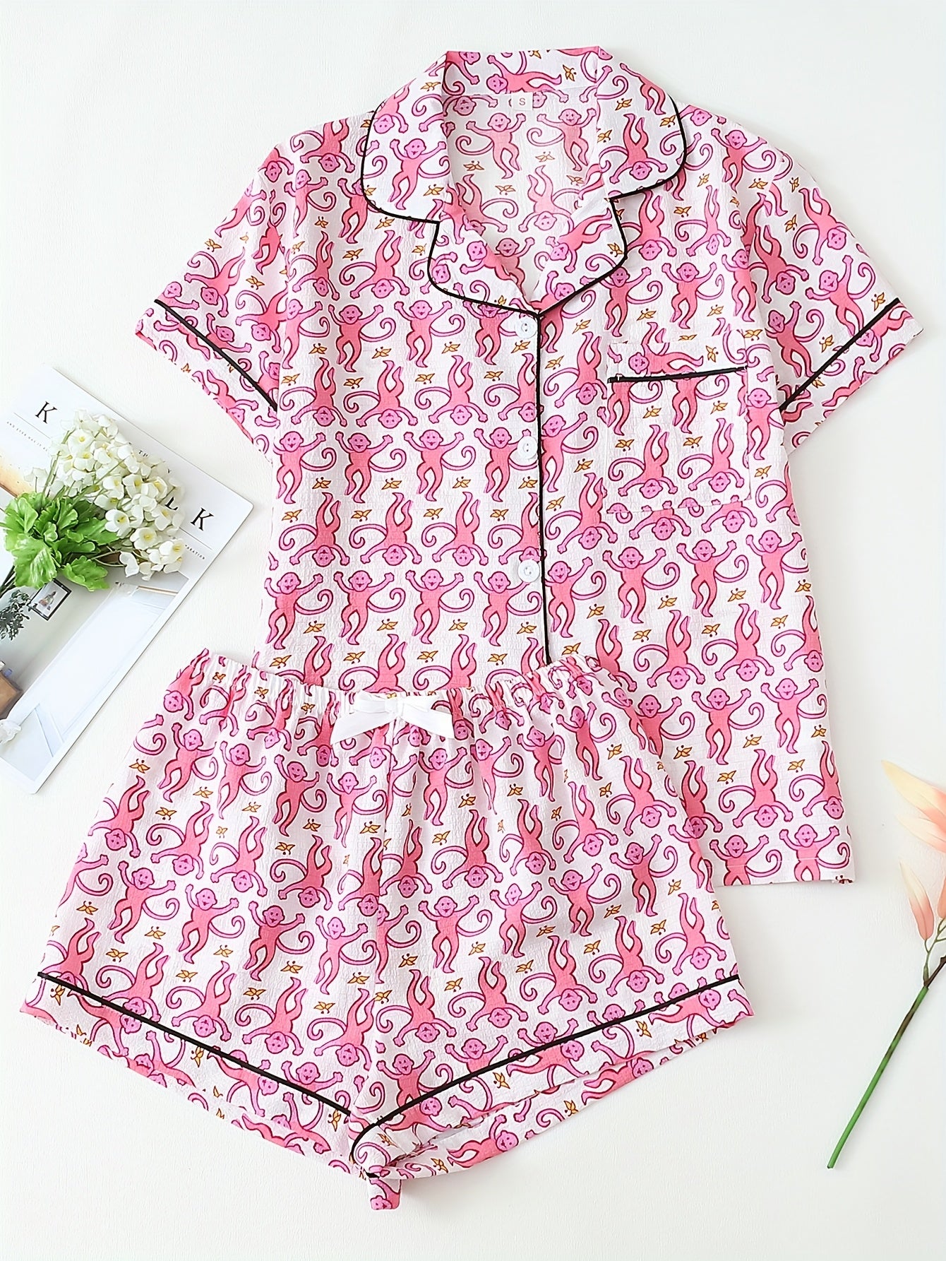 Two-piece spring/summer Women's monkey banana print button-up short-sleeve pocket top and bow shorts pajama set