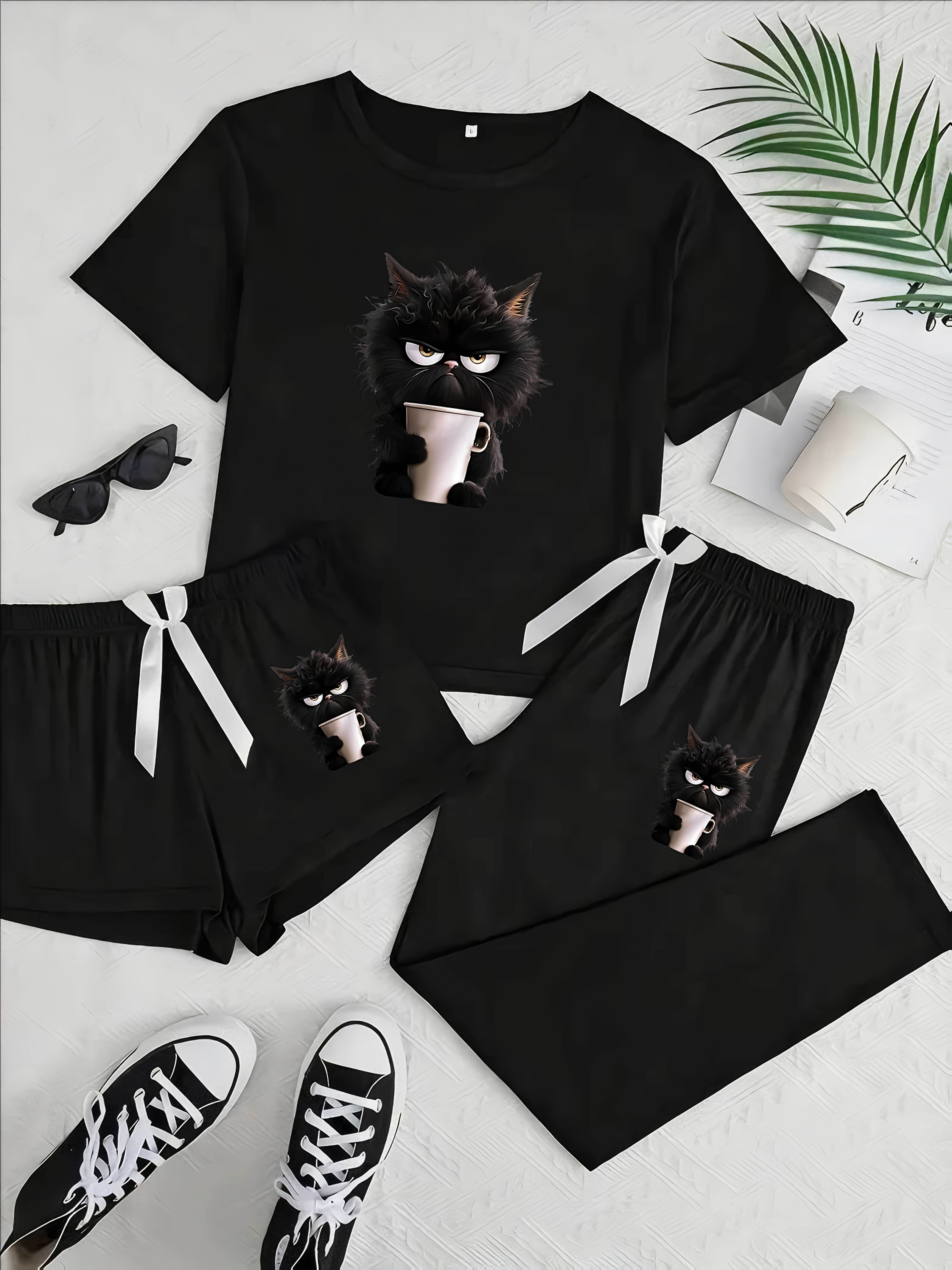 [Cat Print Pajama Set] Women's Casual Black Cat Print Pajama Set with Bow Detail | Short Sleeve, Trousers, and Long Pants, Polyester Blend, All-Season Comfort, Cat Lover Gifts