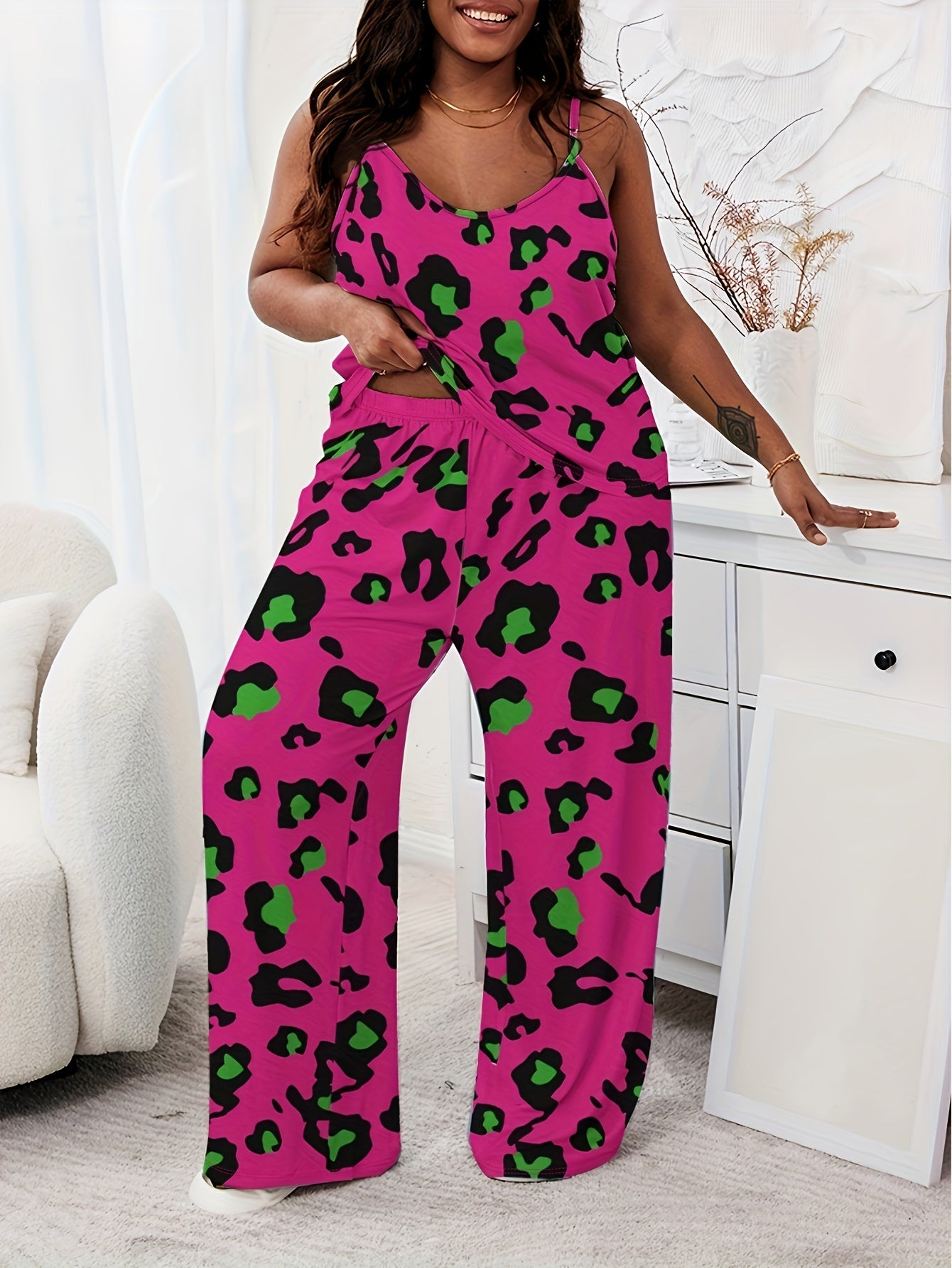 Women's Plus Casual Pajamas Set - Plus Size Leopard Print Sleeveless Cami Top & Pants Lounge 2 Piece Set - For Women - Perfect for Lounging & Relaxing at Home - Ideal Gift for Her