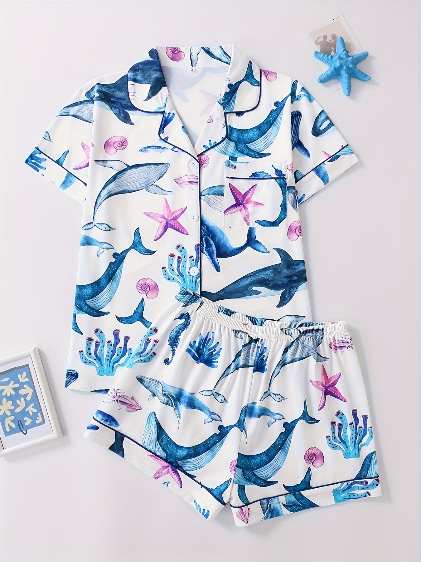 [Playful Pajama Set] Elegant Women's Ankle-High Pajama Set | Ocean and Whale Print, Comfortable Shorts, All-Season Pocket Detail, Playful Design, Pocketed Set