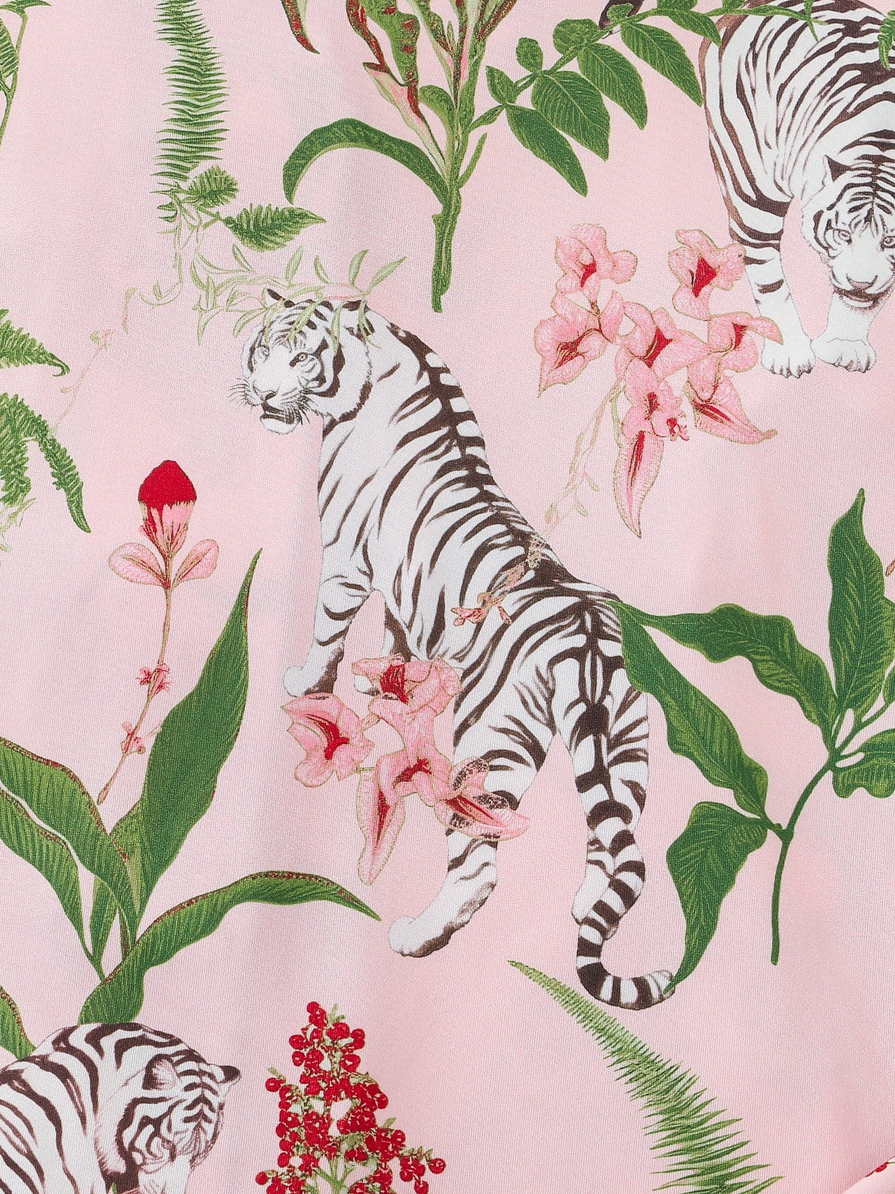 Women's Tiger & Plant Print Casual Pajama Set, Long Sleeve Buttons Lapel Top & Pants, Comfortable Relaxed Fit For Fall