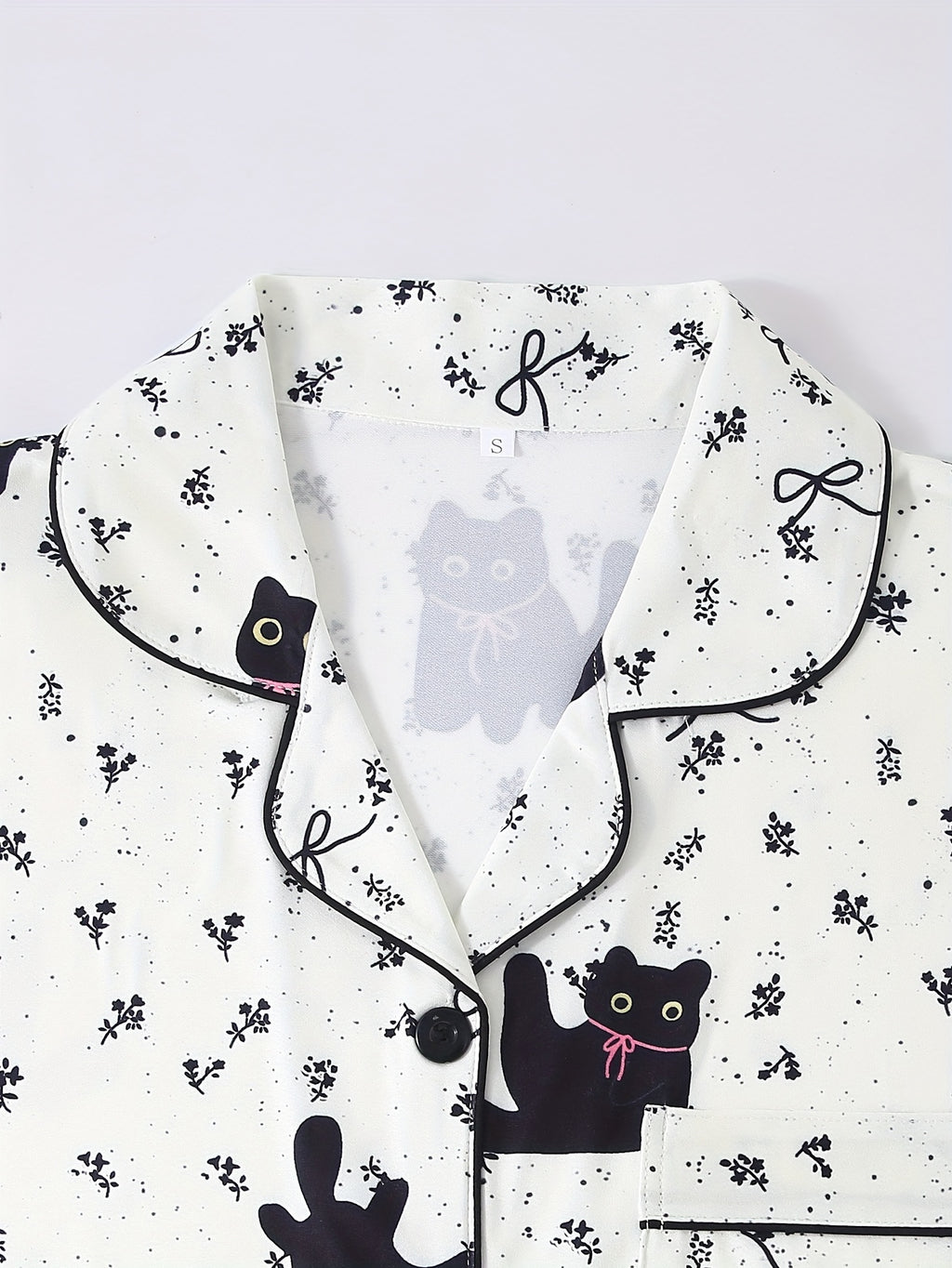 Black Cat Pattern Pajama Set, Top with Pants, Cute Cartoon, Collared with Buttons Loose Comfortable for Home Wear