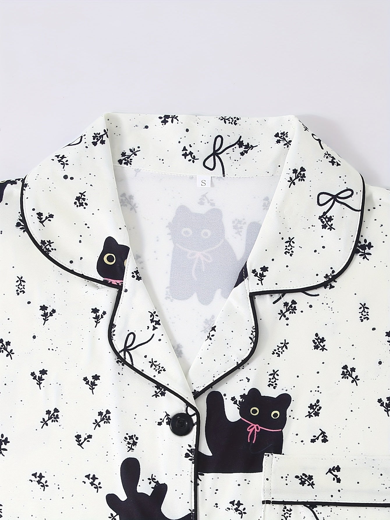 Black Cat Pattern Pajama Set, Top with Pants, Cute Cartoon, Collared with Buttons Loose Comfortable for Home Wear